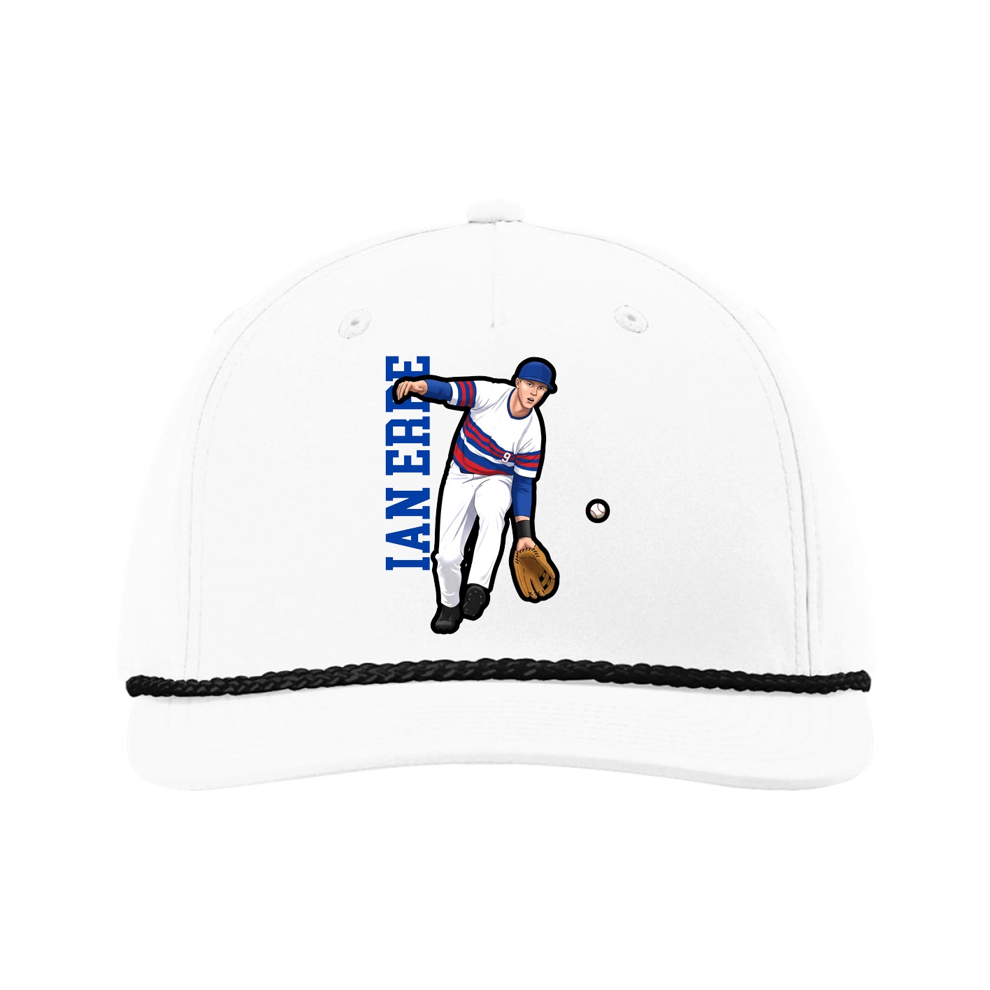Five-Panel Classic Rope Cap — Name Vertical in White