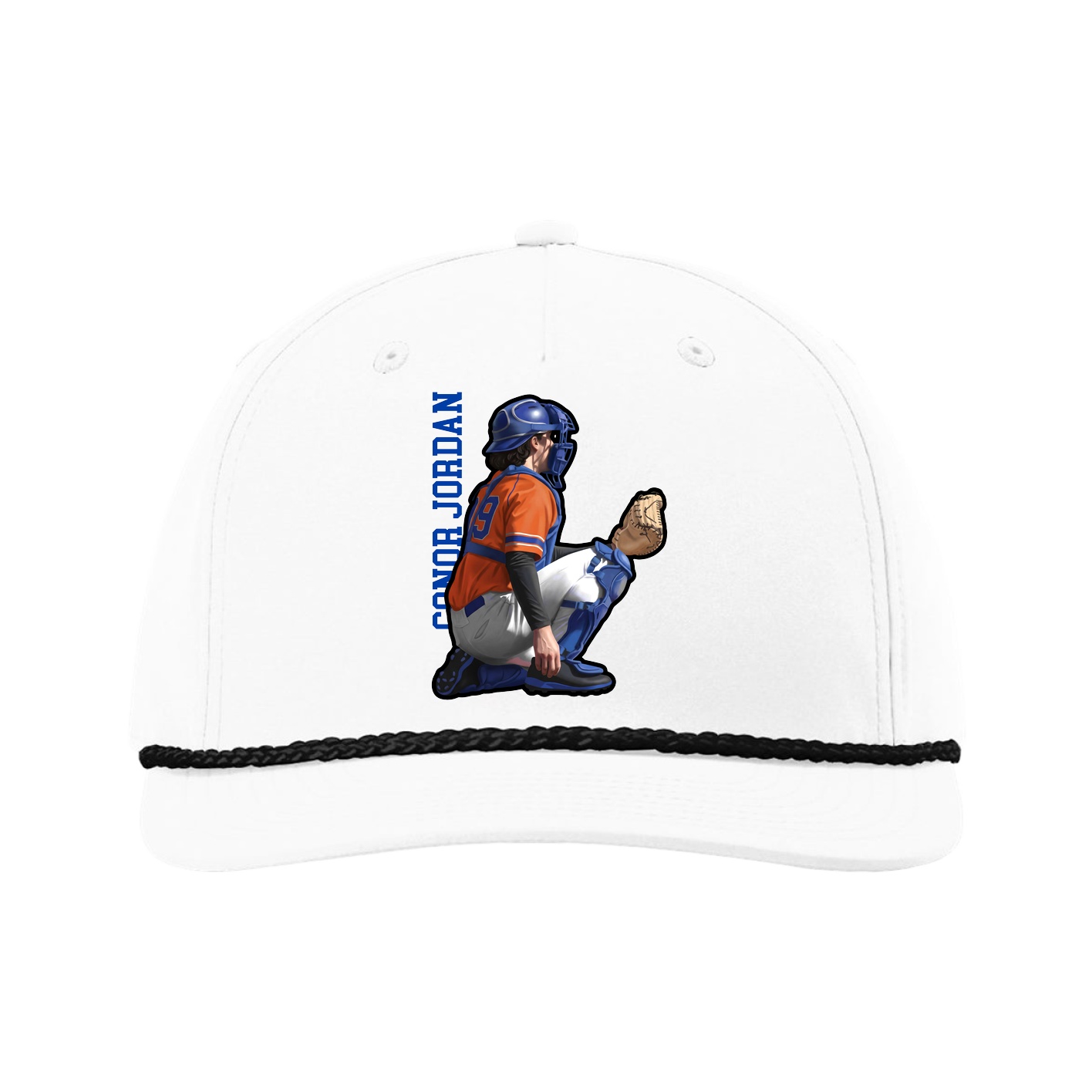 Five-Panel Classic Rope Cap — Name Vertical in White