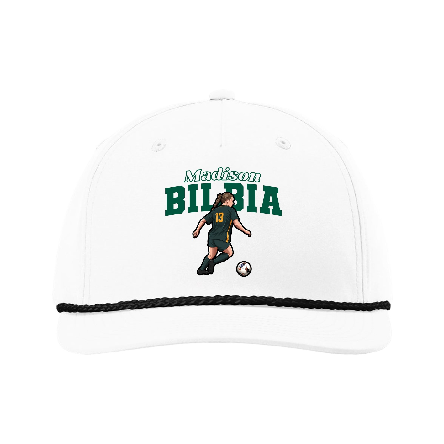 Five-Panel Classic Rope Cap — Name Arch in White