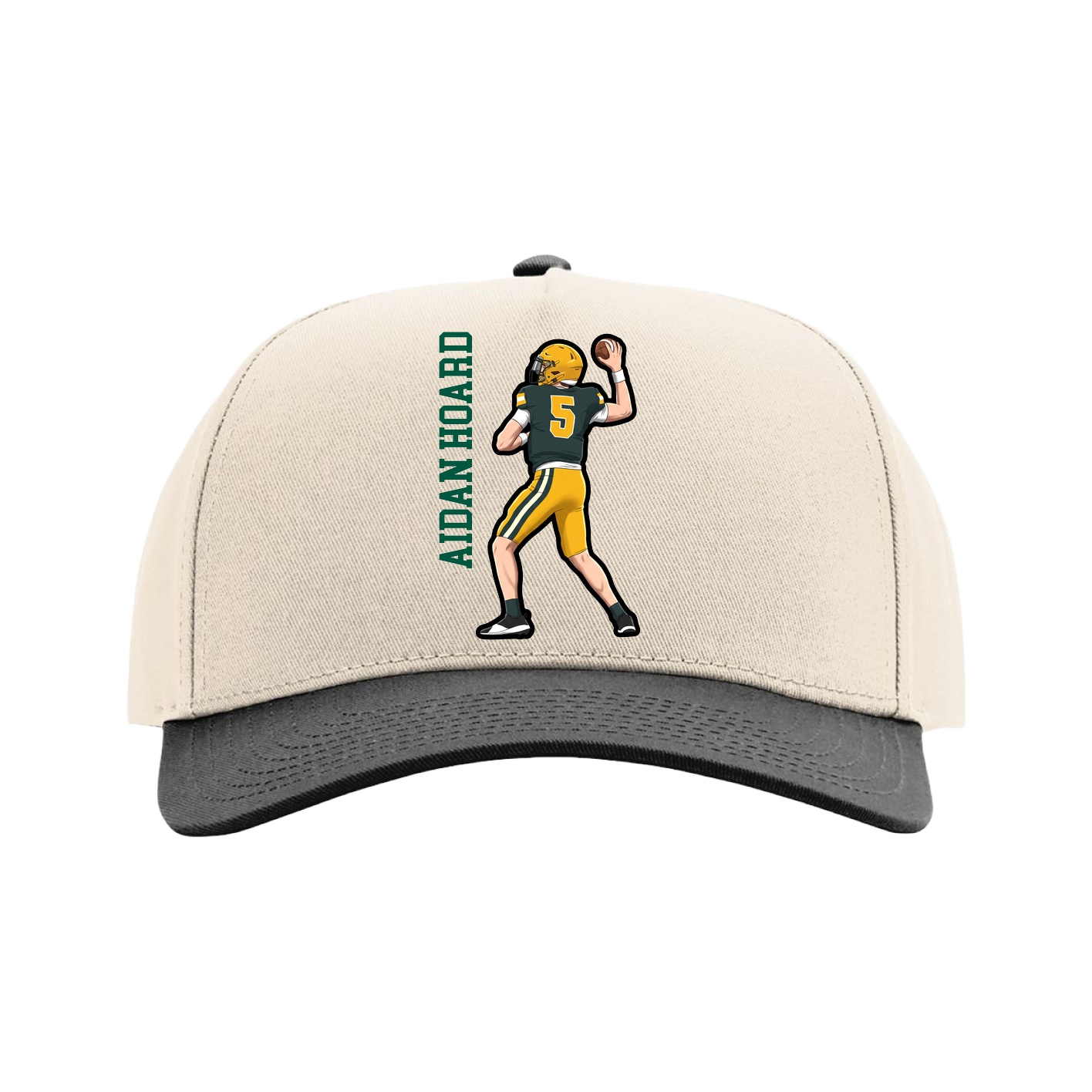 Full Fabric Five-Panel Champ Cap — Name Vertical in Cream/Black