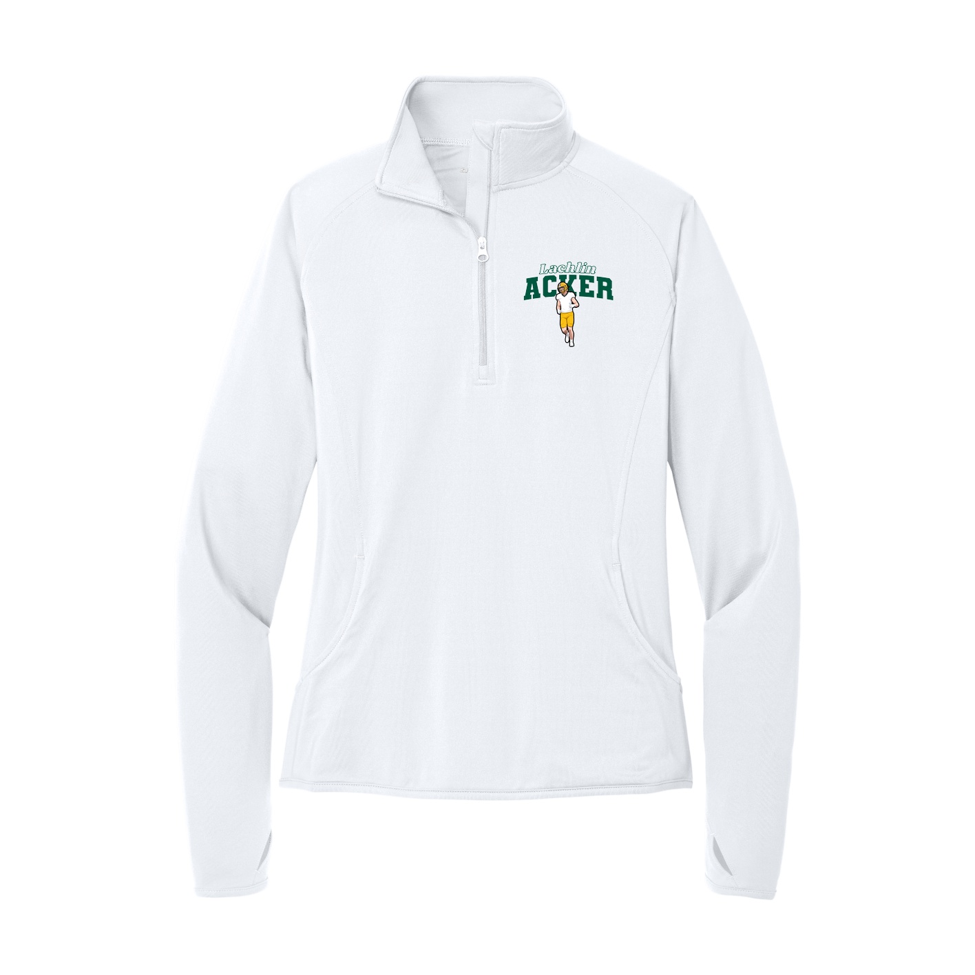 Women's Q-Zip Pullover — Name Arch in White