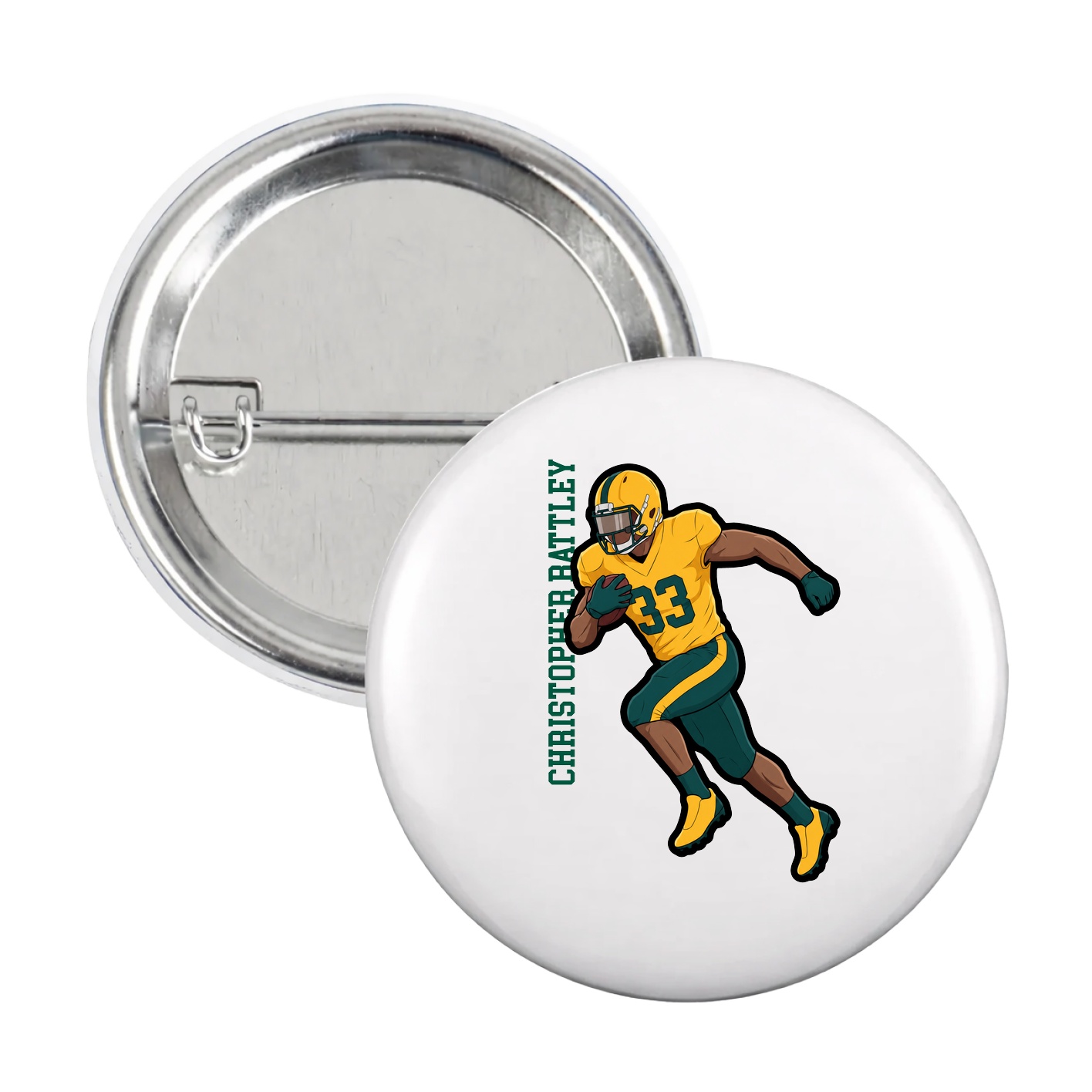 Game Day Button — Name Vertical in White