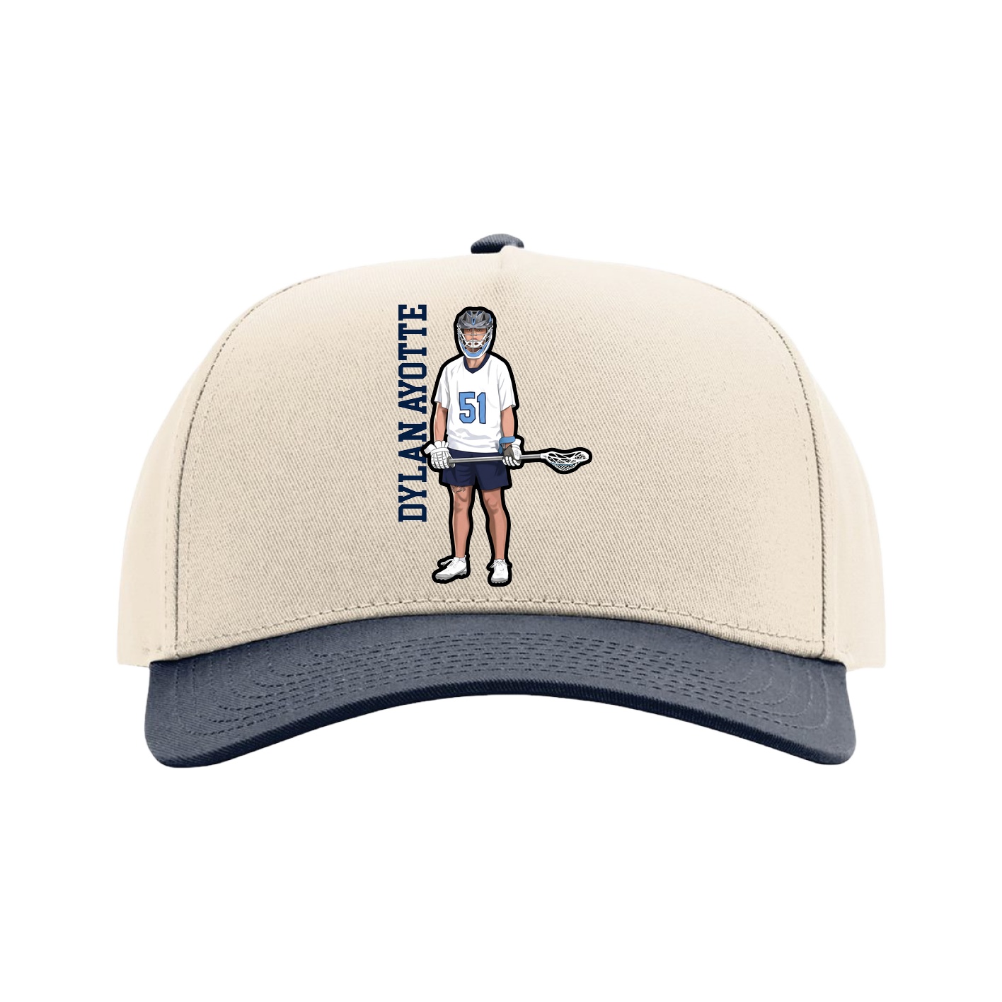 Full Fabric Five-Panel Champ Cap — Name Vertical in Cream/Navy