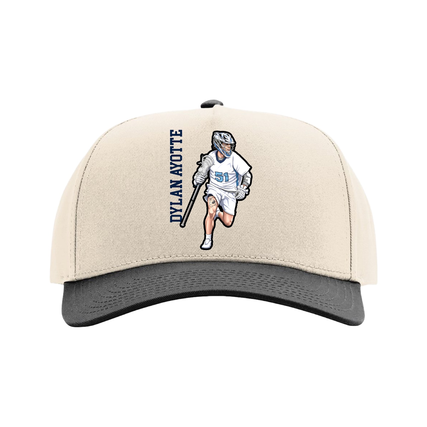Full Fabric Five-Panel Champ Cap — Name Vertical in Cream/Black