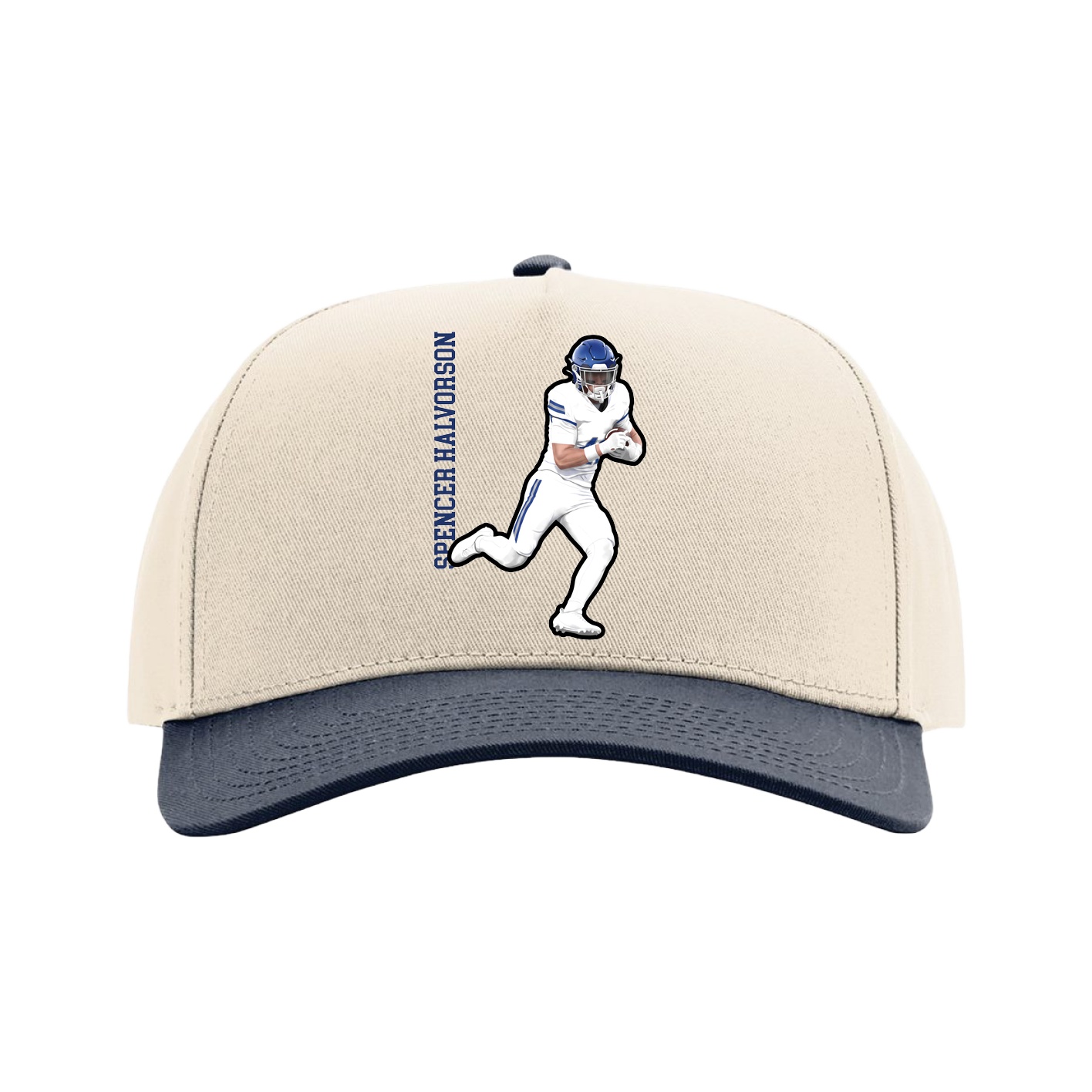 Full Fabric Five-Panel Champ Cap — Name Vertical in Cream/Navy