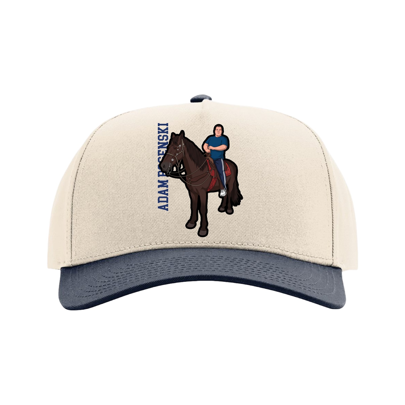 Full Fabric Five-Panel Champ Cap — Name Vertical in Cream/Navy