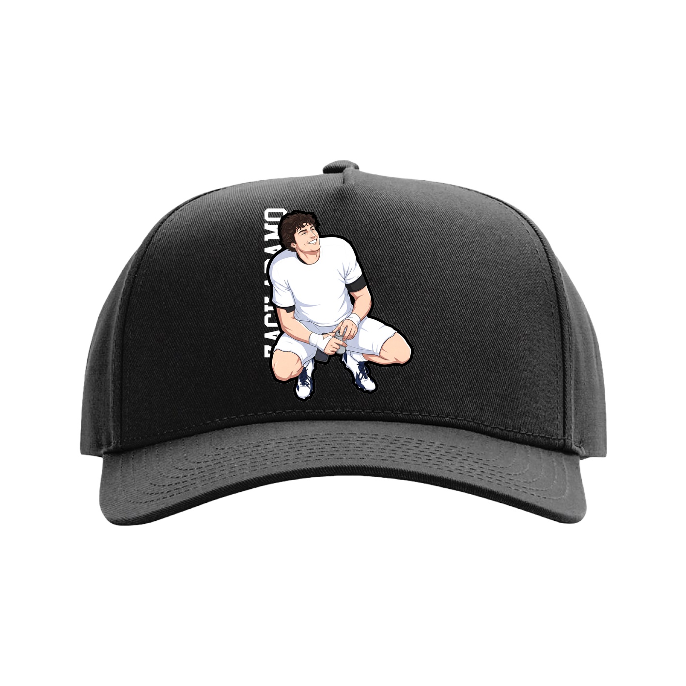 Full Fabric Five-Panel Champ Cap — Name Vertical in Black