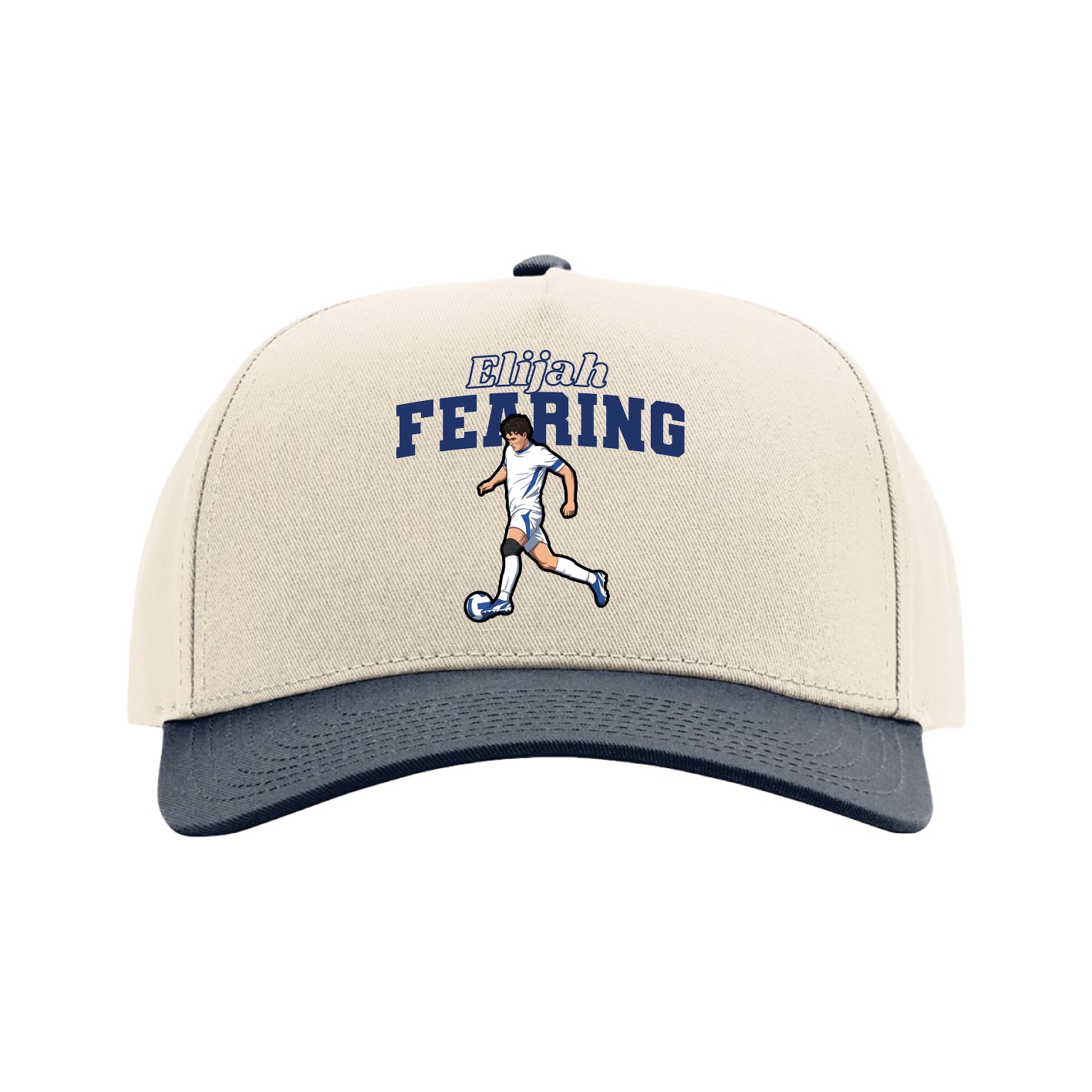 Full Fabric Five-Panel Champ Cap — Name Arch in Cream/Navy
