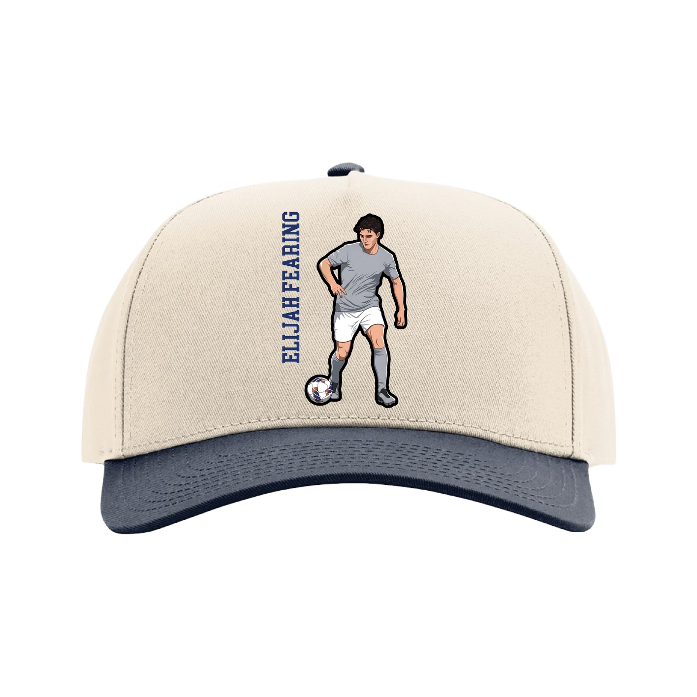 Full Fabric Five-Panel Champ Cap — Name Vertical in Cream/Navy