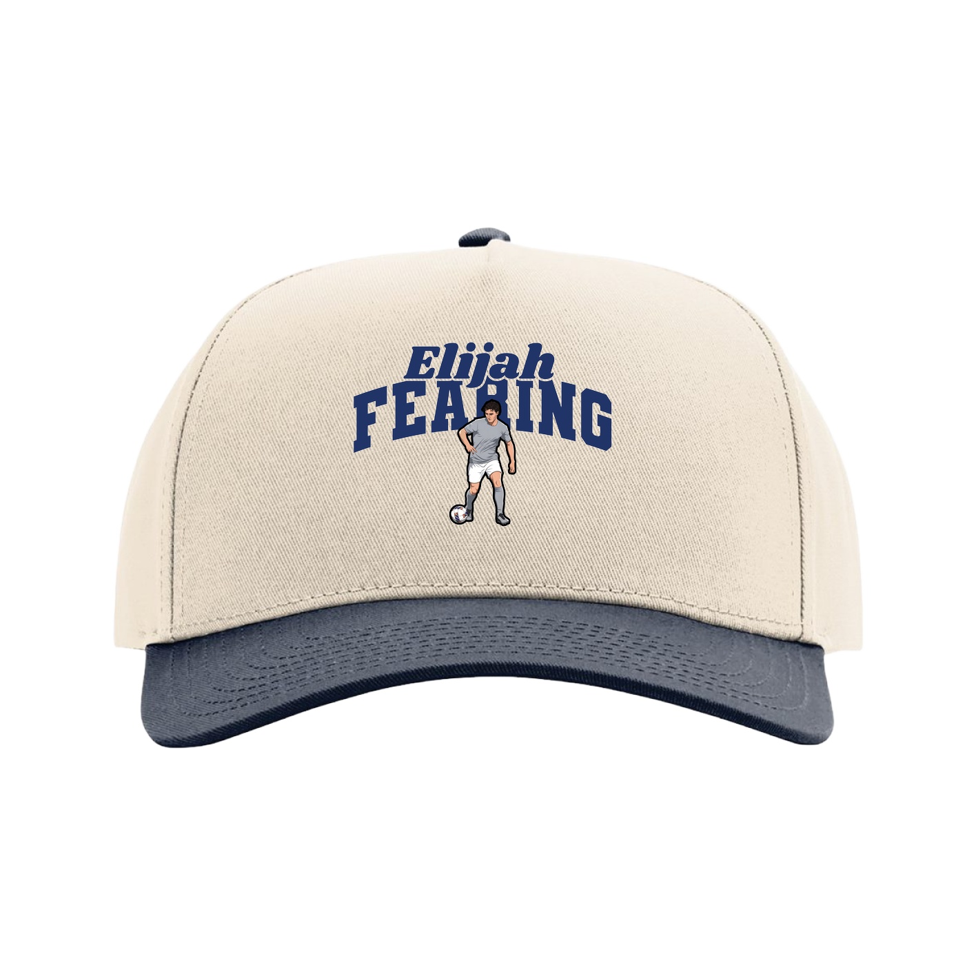 Full Fabric Five-Panel Champ Cap — Signature Arch in Cream/Navy