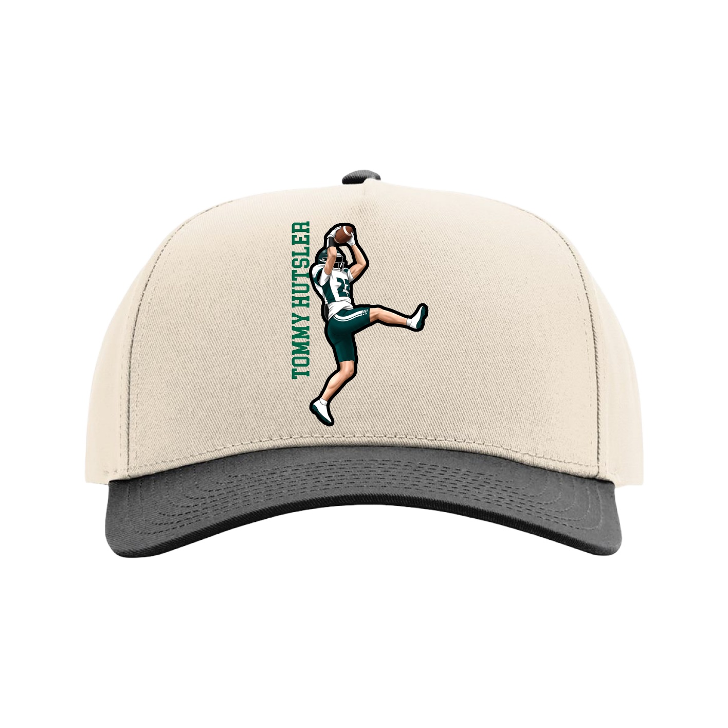 Full Fabric Five-Panel Champ Cap — Name Vertical in Cream/Black
