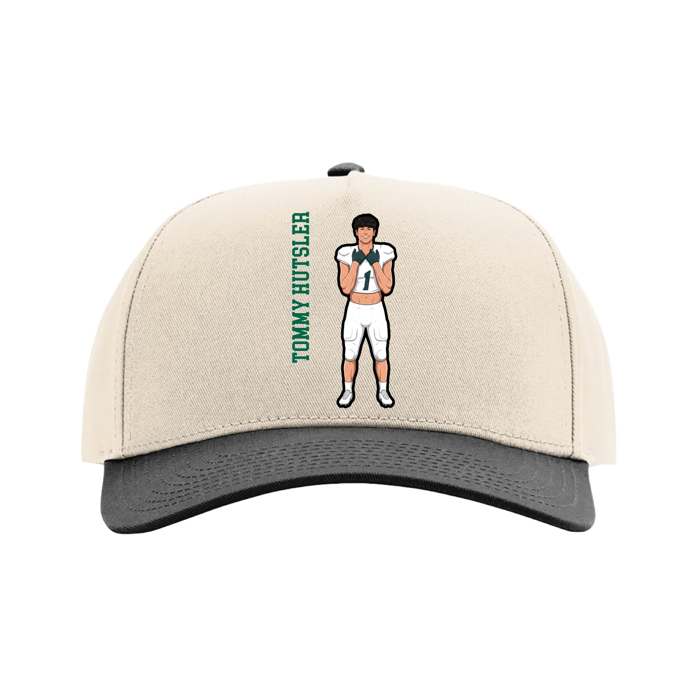 Full Fabric Five-Panel Champ Cap — Name Vertical in Cream/Black