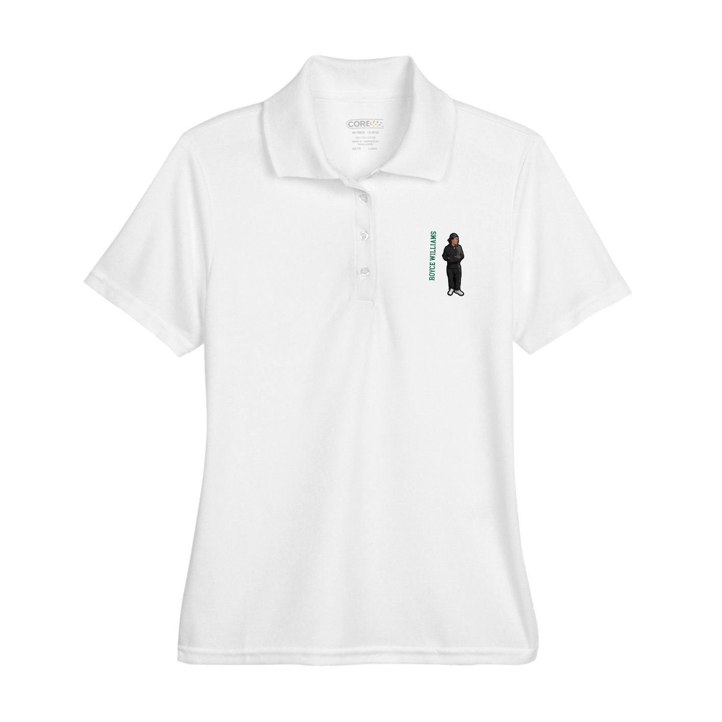 Womens Performance Polo — Name Vertical in White