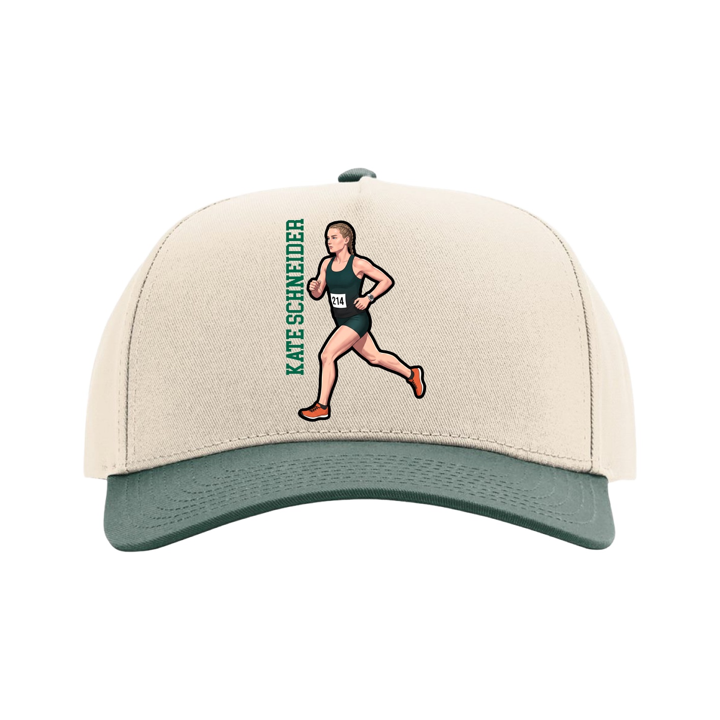 Full Fabric Five-Panel Champ Cap — Name Vertical in Cream/Green