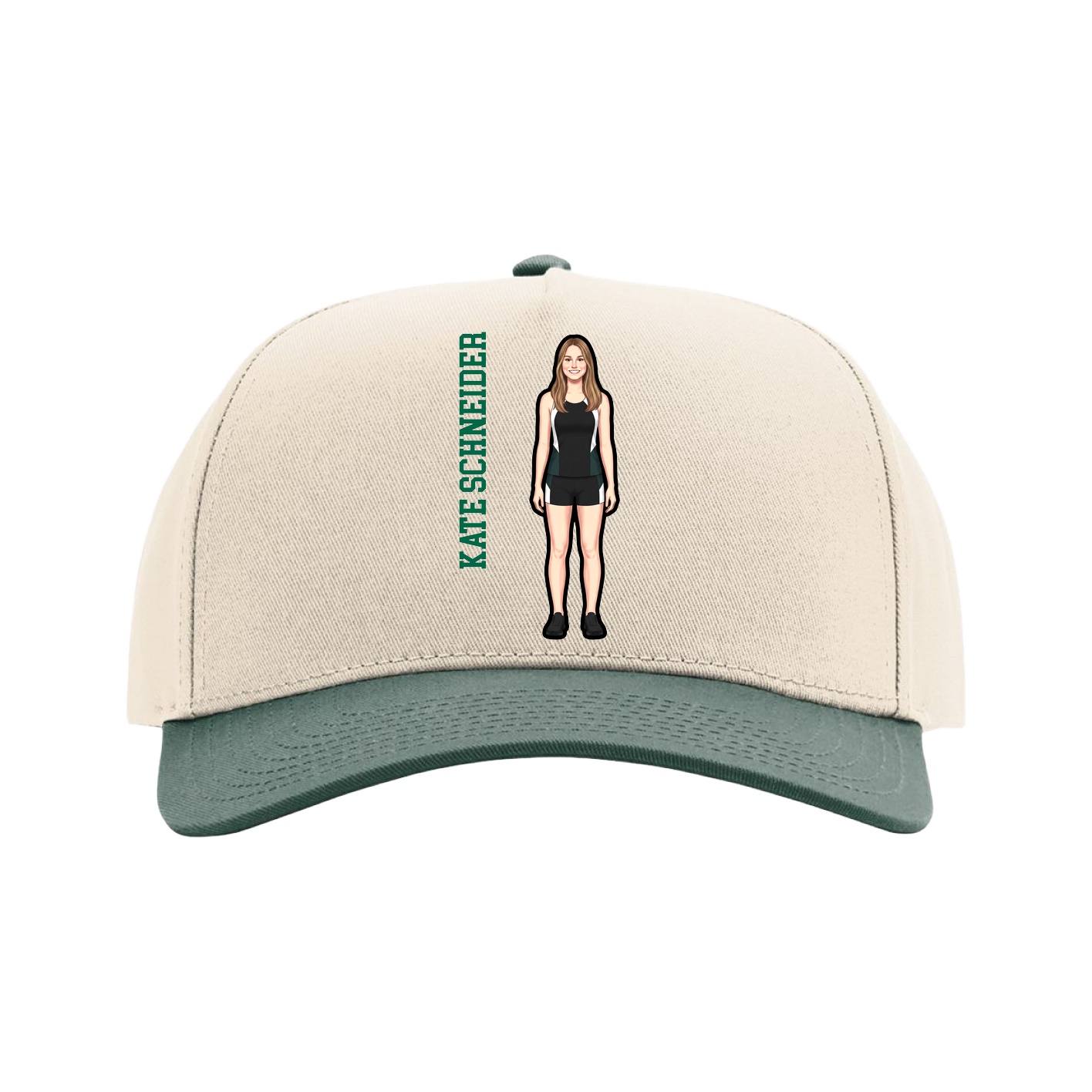 Full Fabric Five-Panel Champ Cap — Name Vertical in Cream/Green