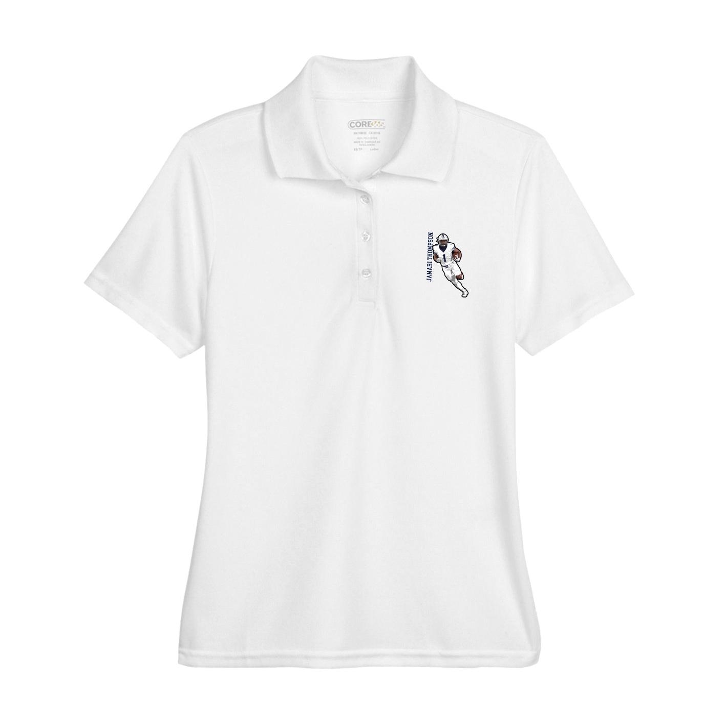 Womens Performance Polo — Name Vertical in White