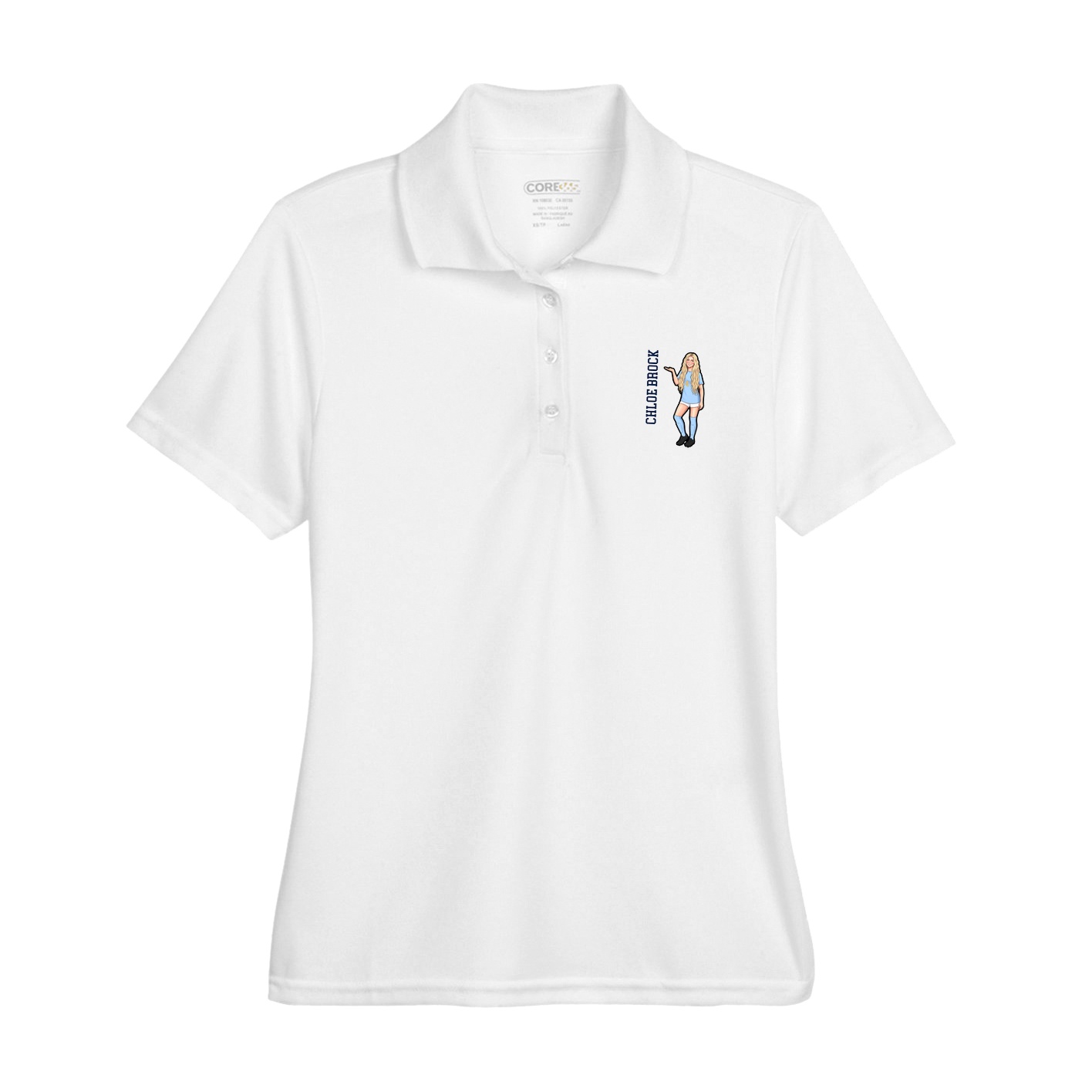 Womens Performance Polo — Name Vertical in White