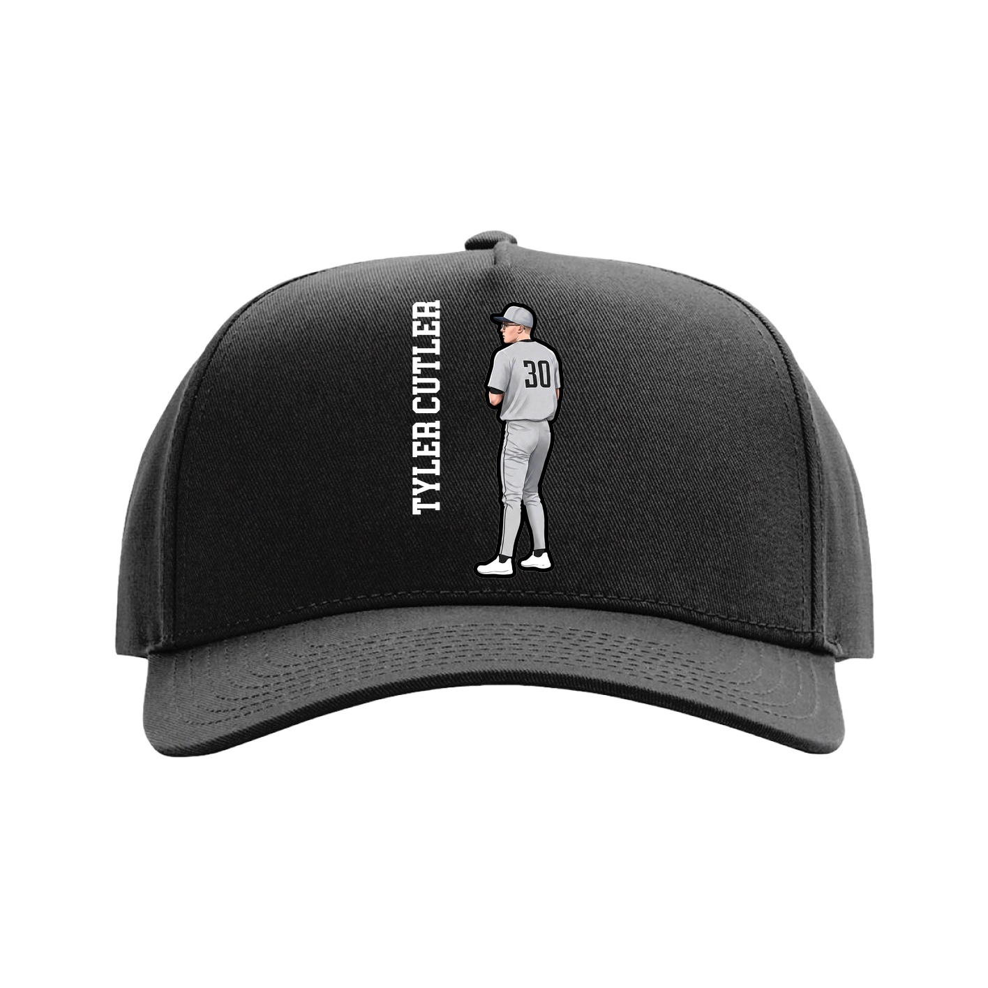 Full Fabric Five-Panel Champ Cap — Name Vertical in Black