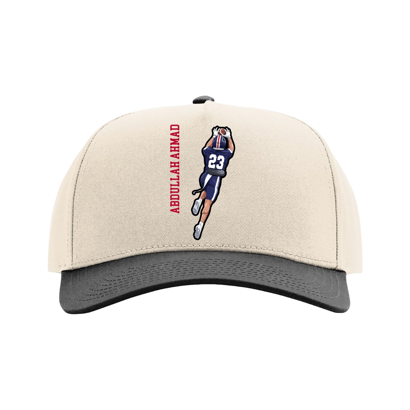 Full Fabric Five-Panel Champ Cap — Name Vertical in Cream/Black