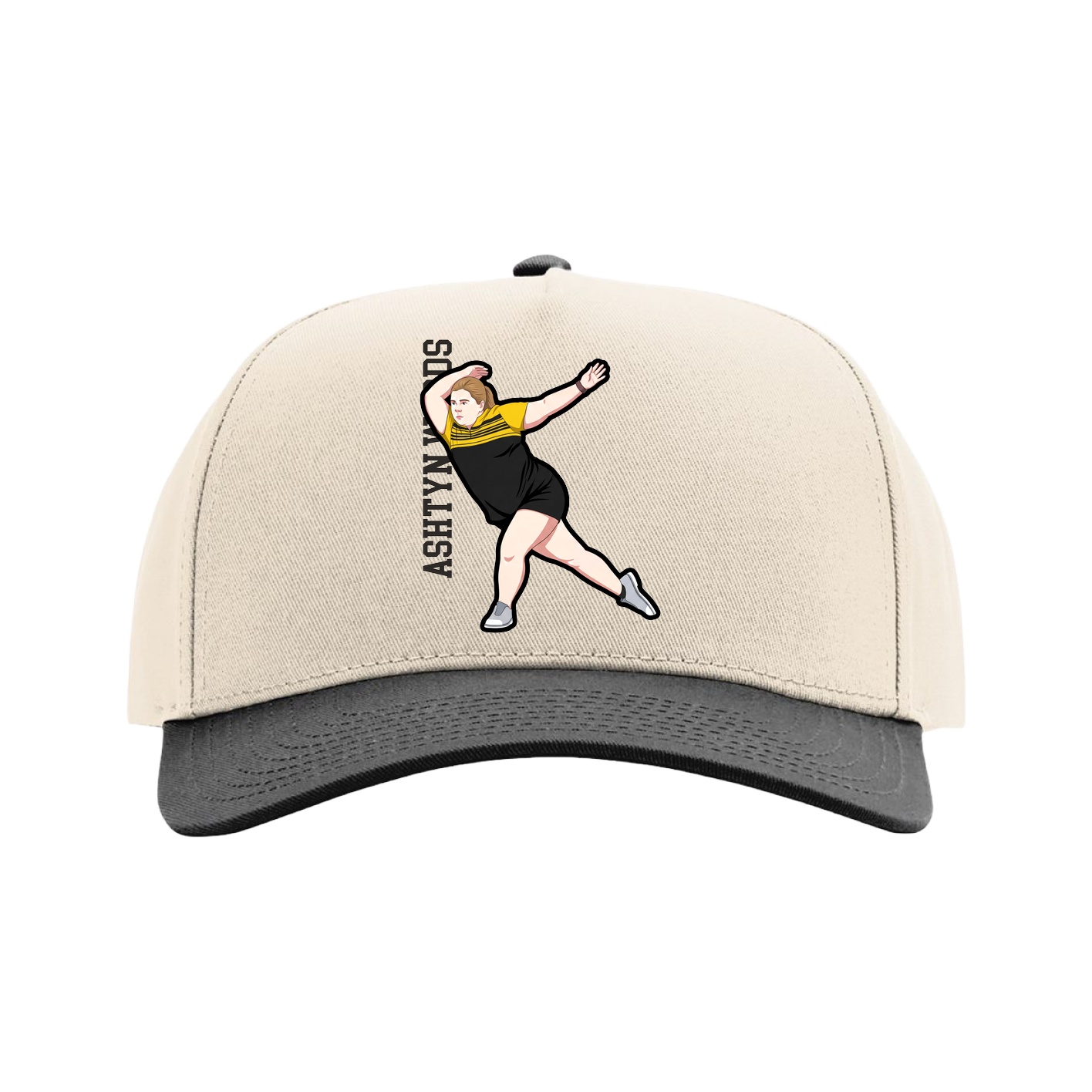 Full Fabric Five-Panel Champ Cap — Name Vertical in Cream/Black