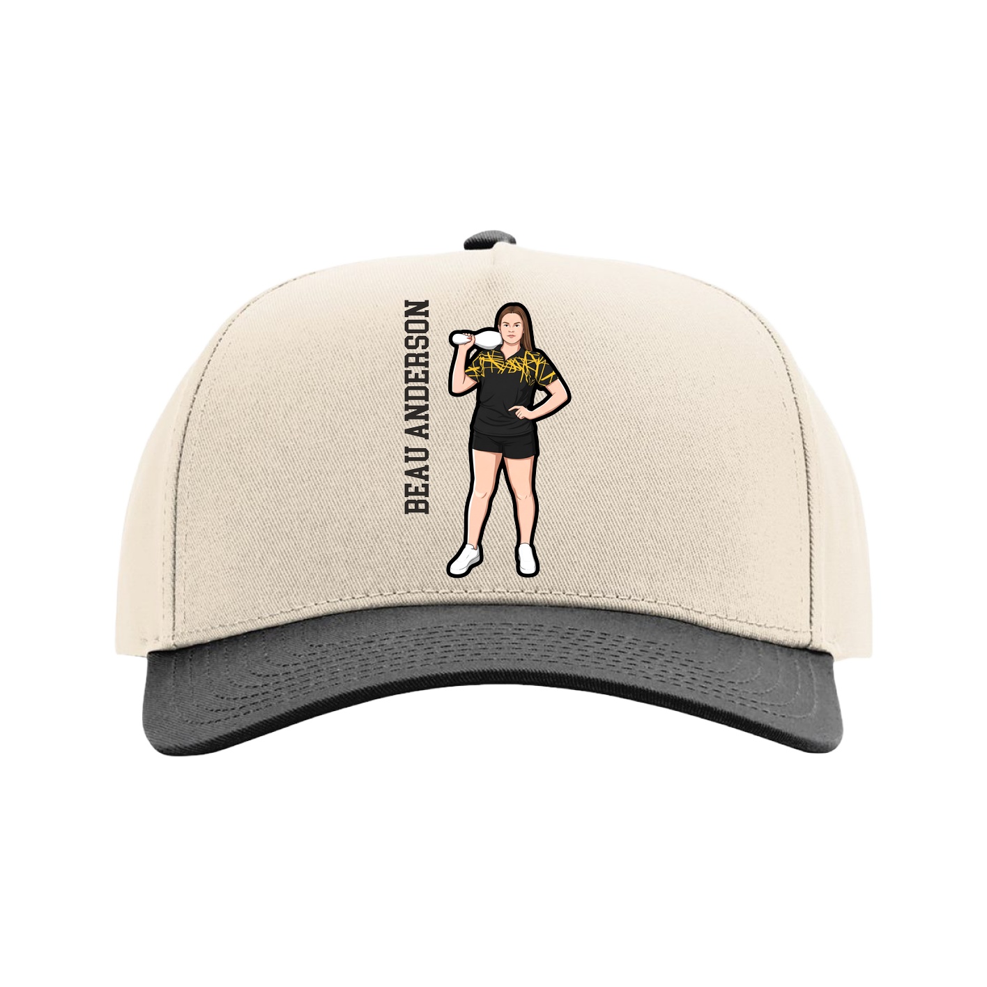Full Fabric Five-Panel Champ Cap — Name Vertical in Cream/Black