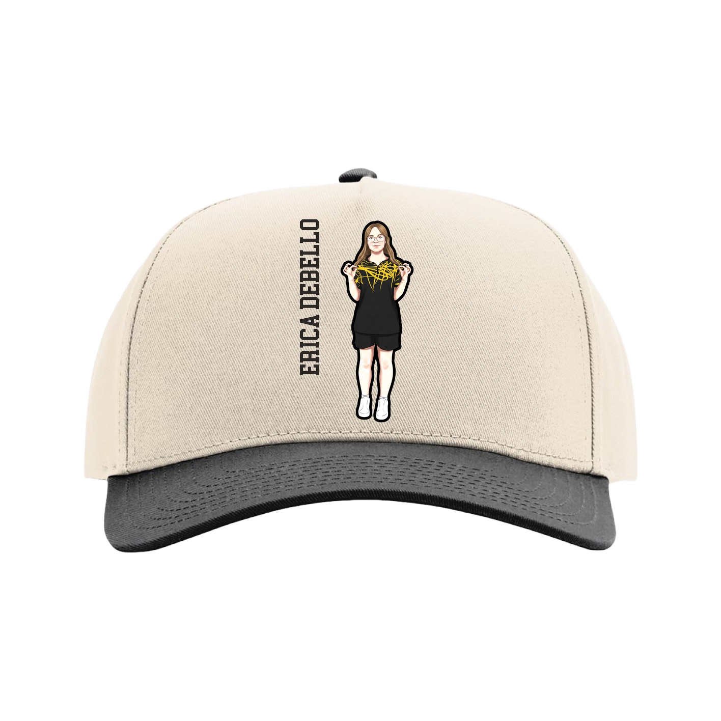 Full Fabric Five-Panel Champ Cap — Name Vertical in Cream/Black