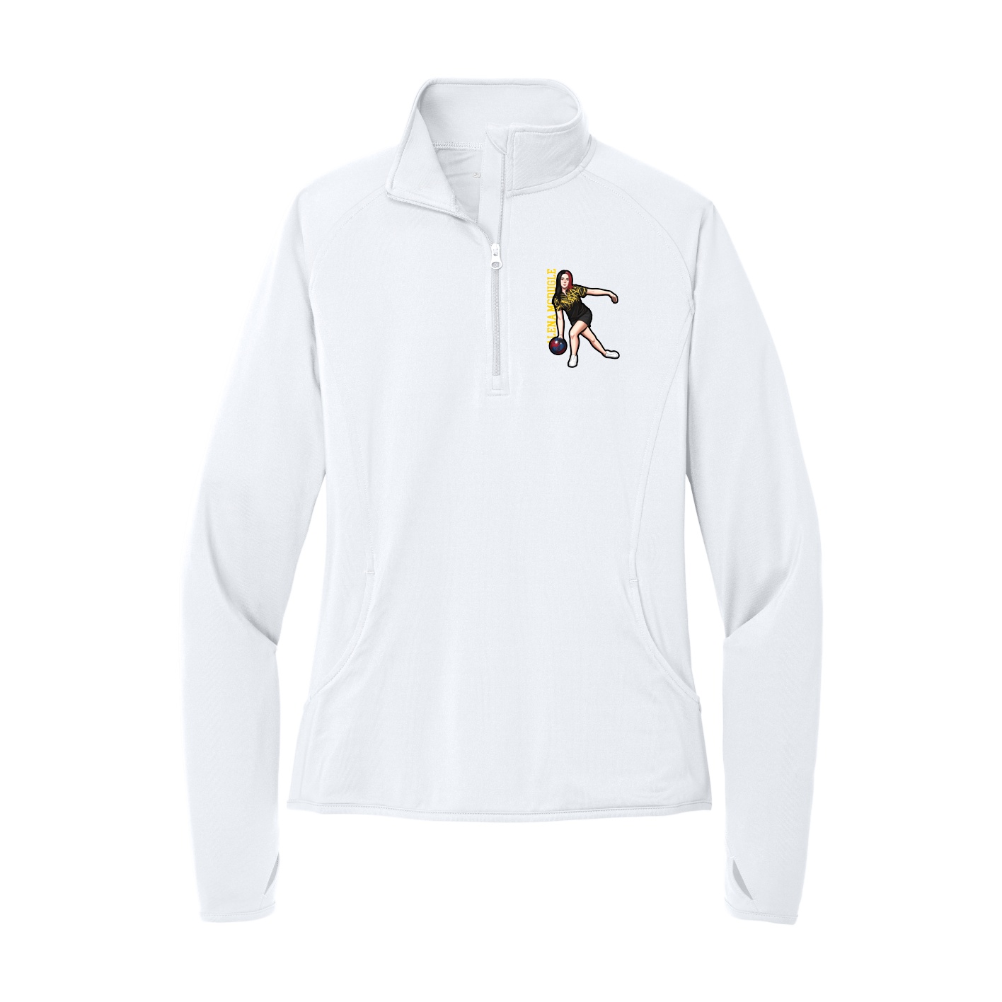 Women's Q-Zip Pullover — Name Vertical in White