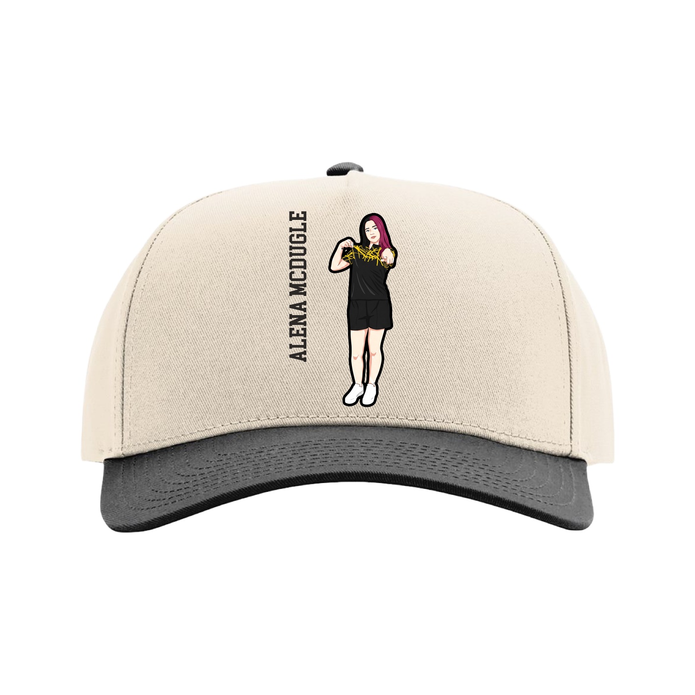 Full Fabric Five-Panel Champ Cap — Name Vertical in Cream/Black