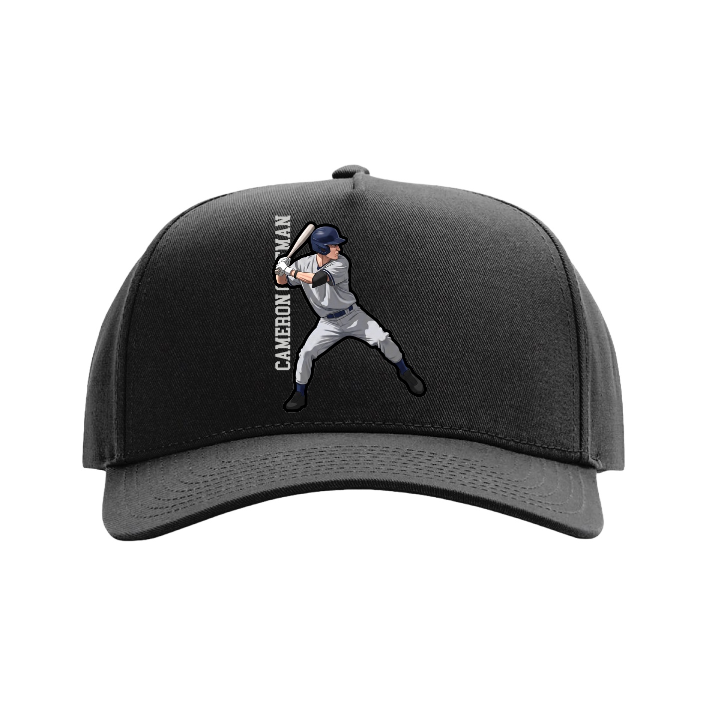 Full Fabric Five-Panel Champ Cap — Name Vertical in Black