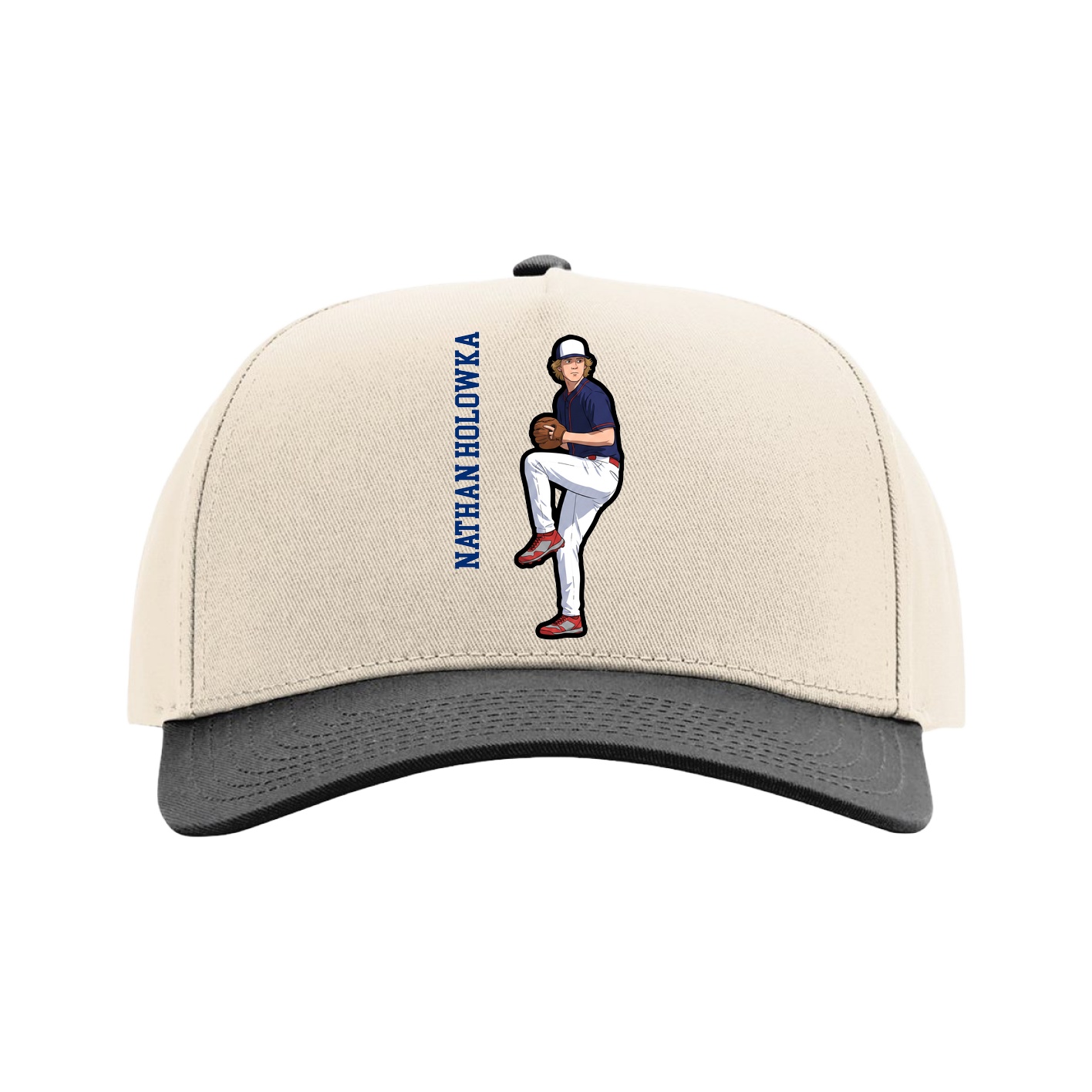Full Fabric Five-Panel Champ Cap — Name Vertical in Cream/Black