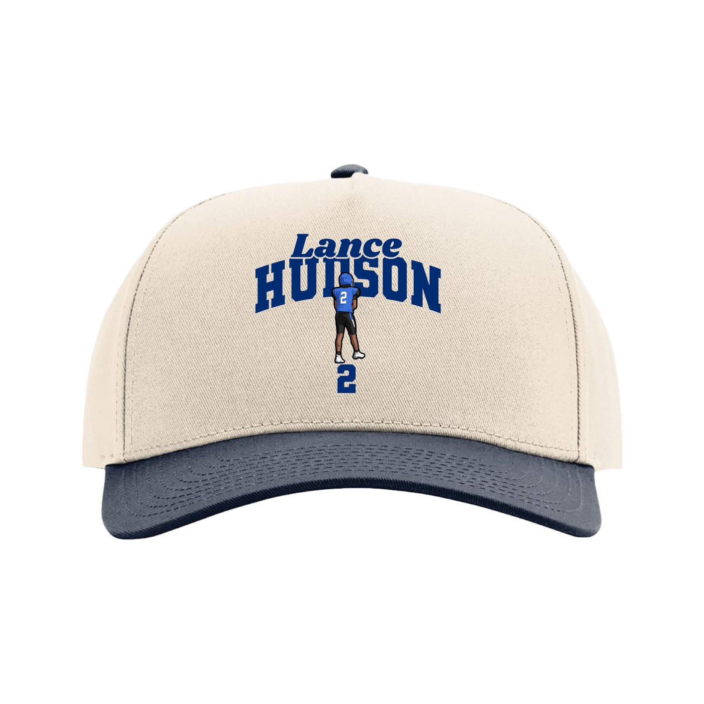Full Fabric Five-Panel Champ Cap — Signature Arch in Cream/Navy