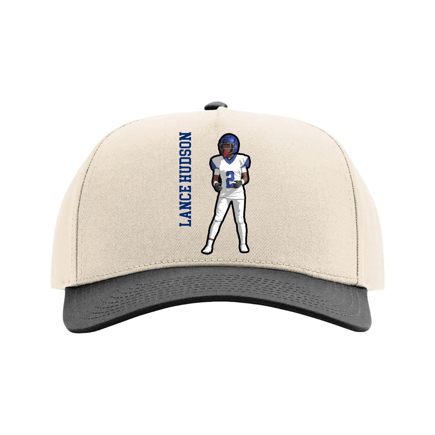 Full Fabric Five-Panel Champ Cap — Name Vertical in Cream/Black