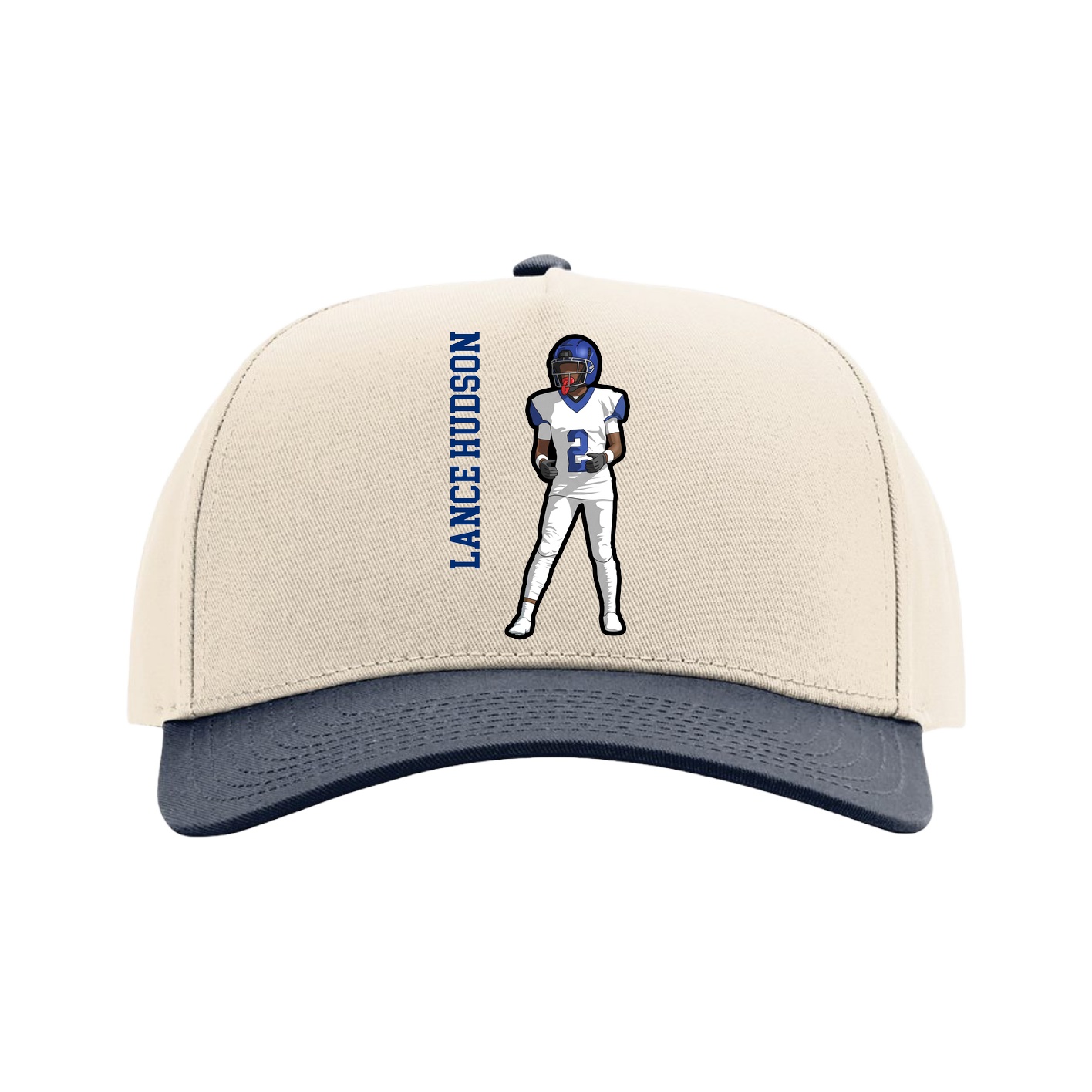 Full Fabric Five-Panel Champ Cap — Name Vertical in Cream/Navy