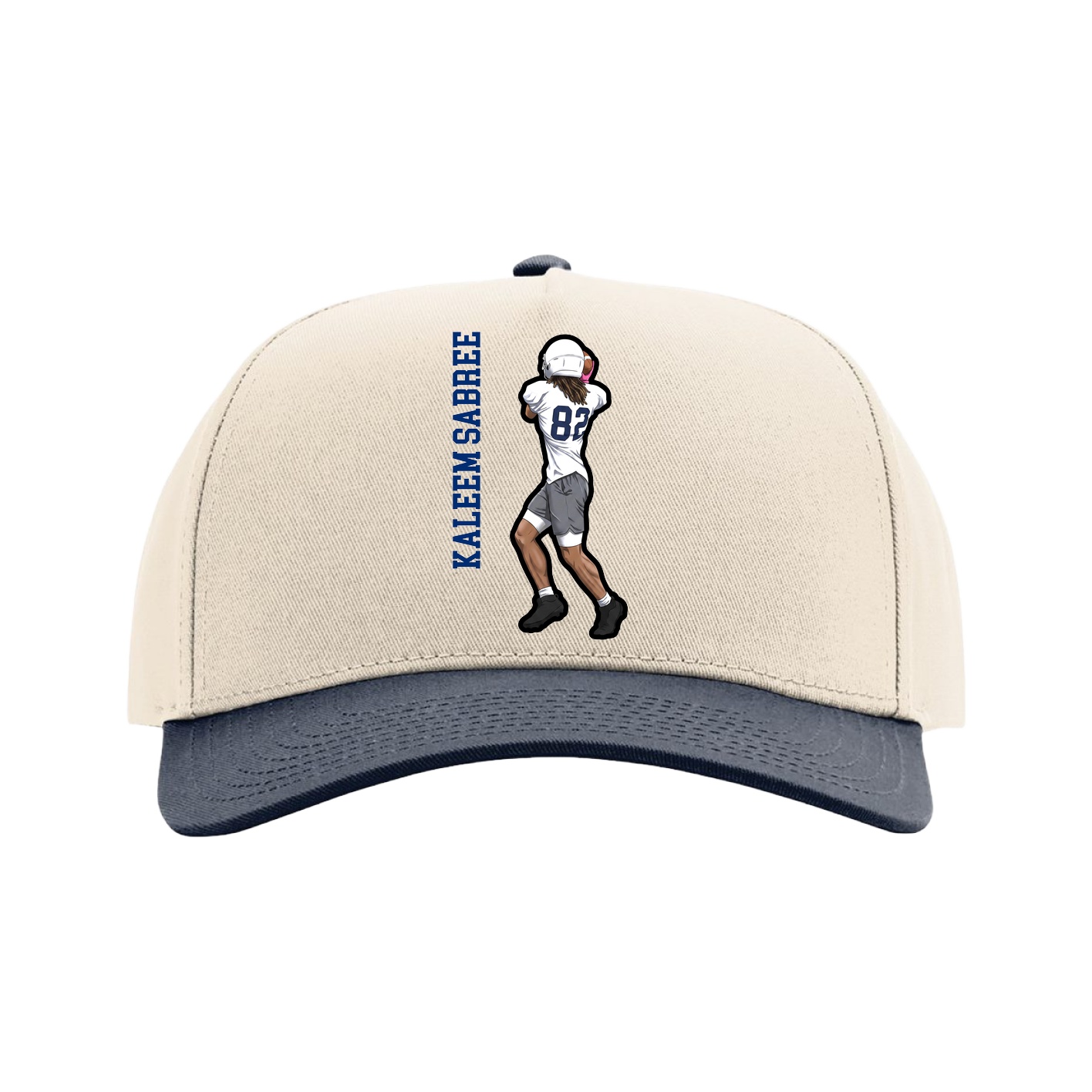 Full Fabric Five-Panel Champ Cap — Name Vertical in Cream/Navy