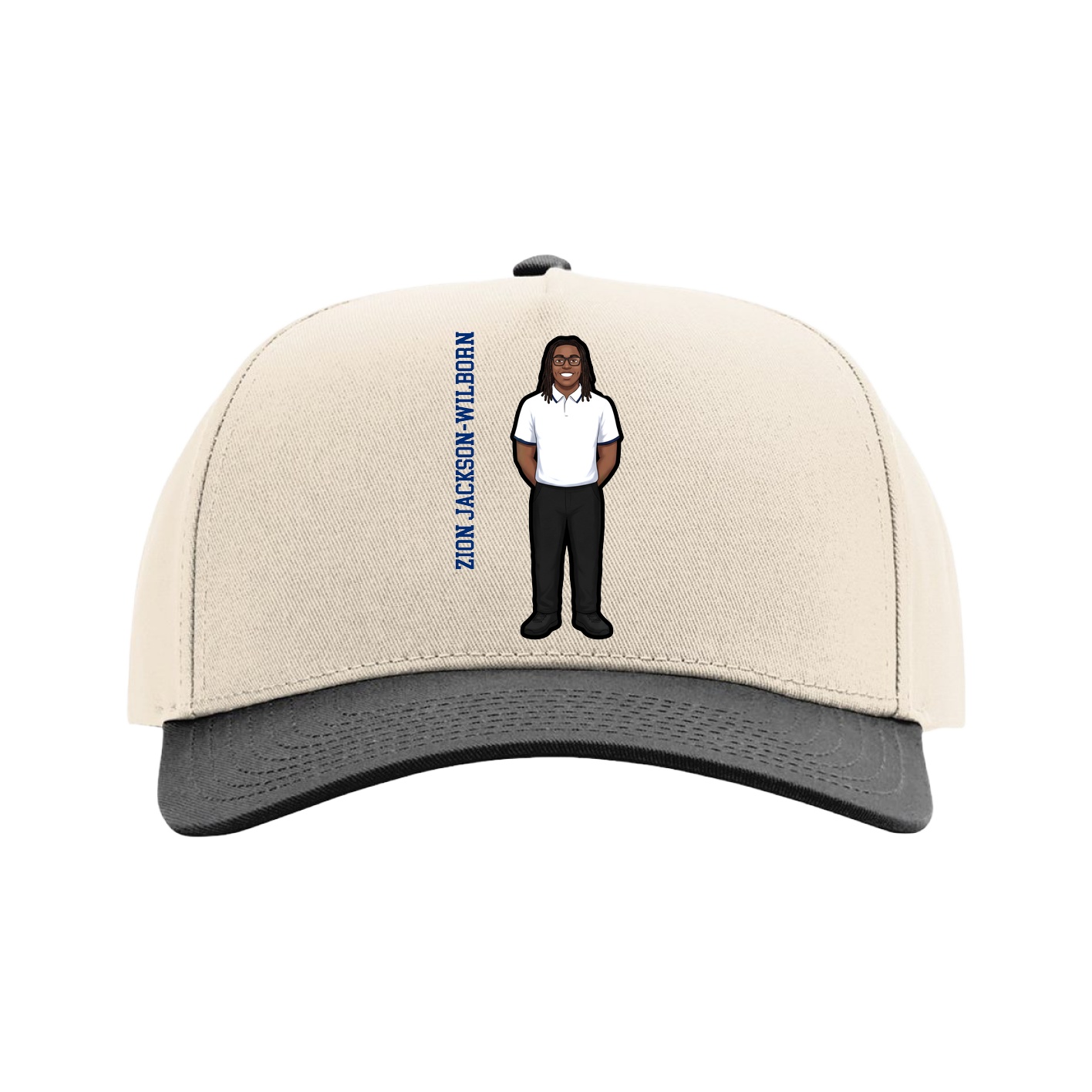 Full Fabric Five-Panel Champ Cap — Name Vertical in Cream/Black