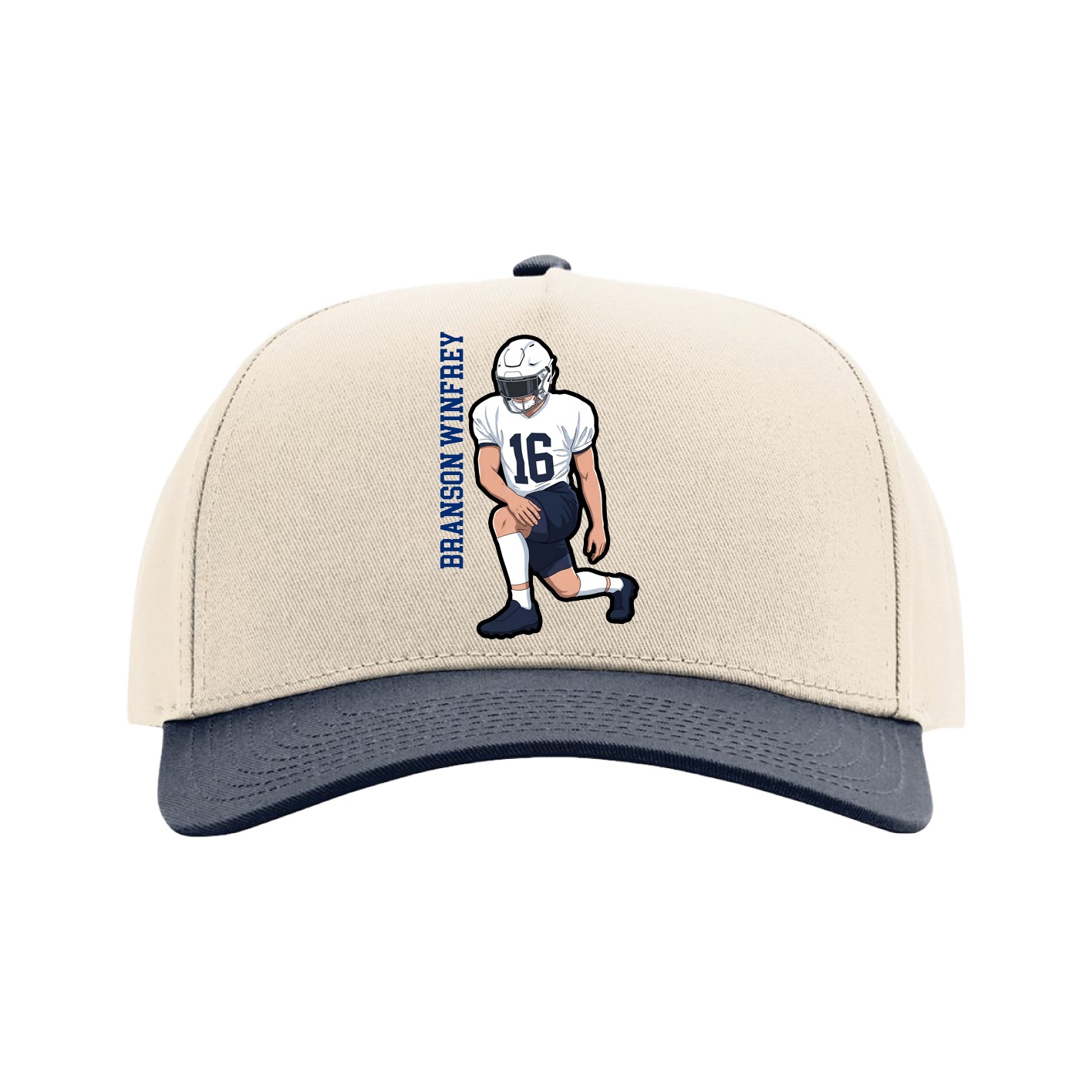 Full Fabric Five-Panel Champ Cap — Name Vertical in Cream/Navy