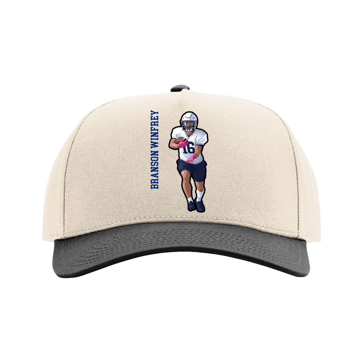Full Fabric Five-Panel Champ Cap — Name Vertical in Cream/Black