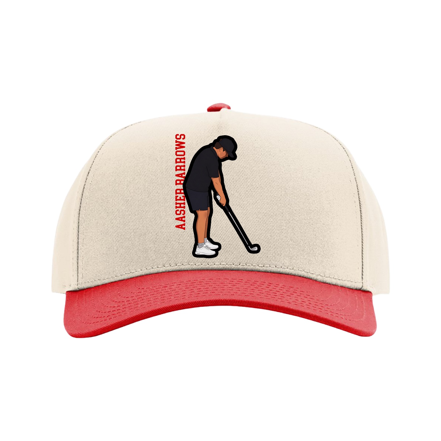 Full Fabric Five-Panel Champ Cap — Name Vertical in Cream/Red