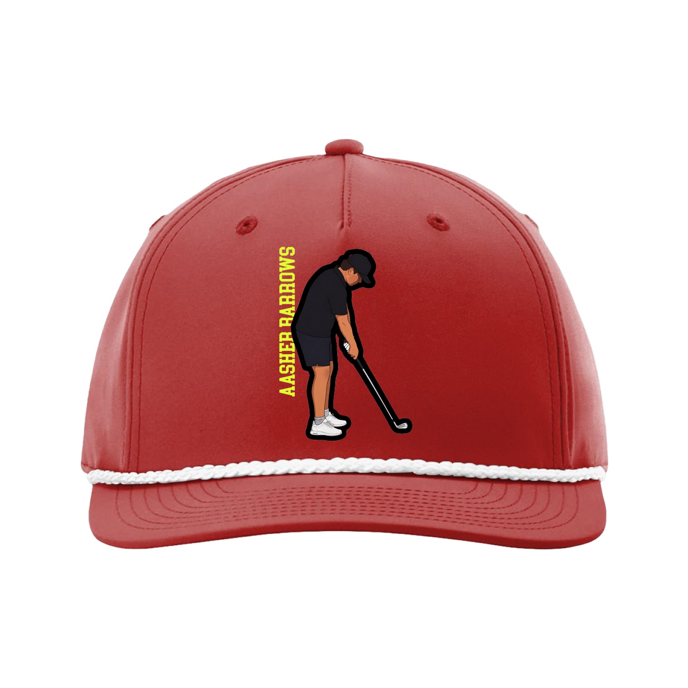 Five-Panel Classic Rope Cap — Name Vertical in Red
