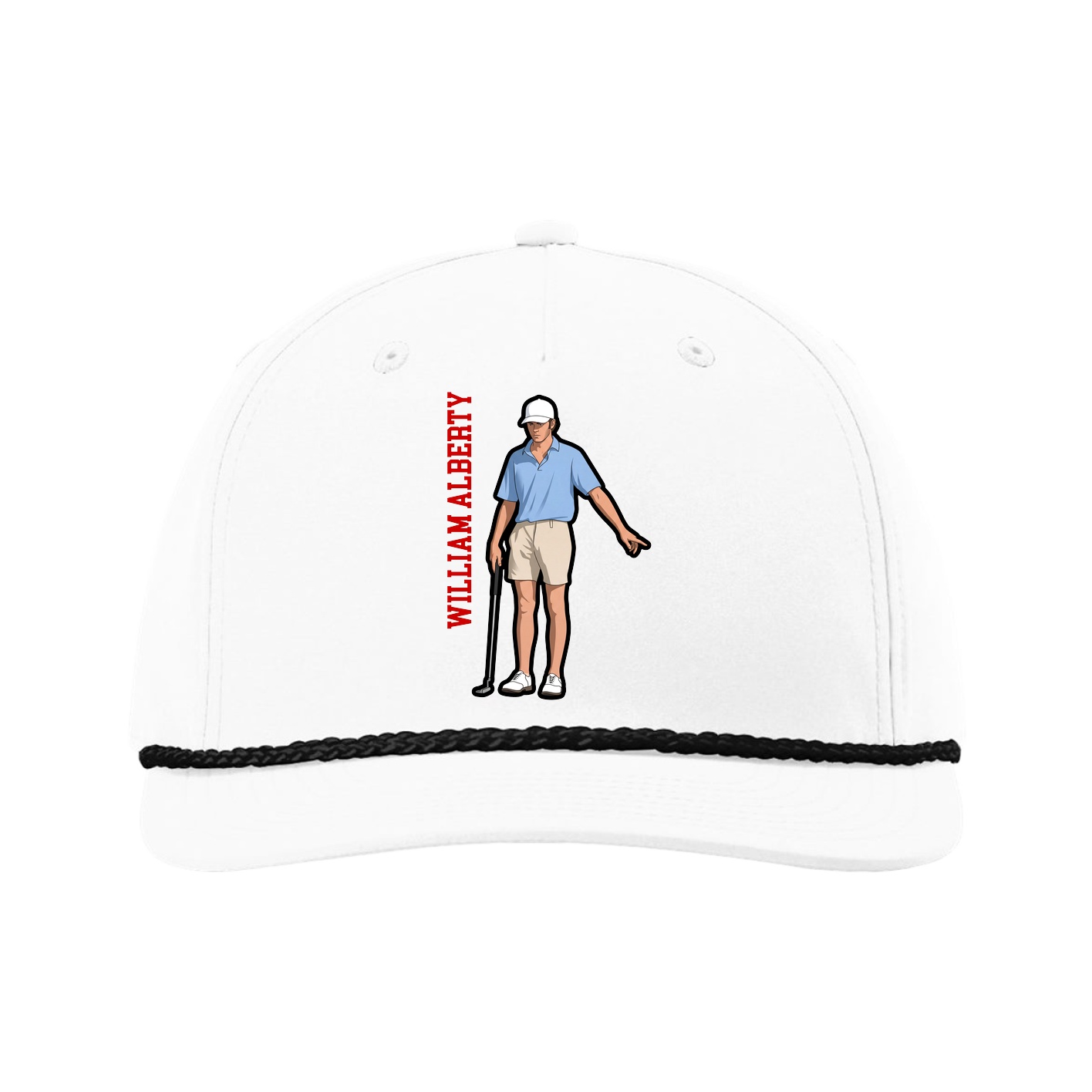 Five-Panel Classic Rope Cap — Name Vertical in White