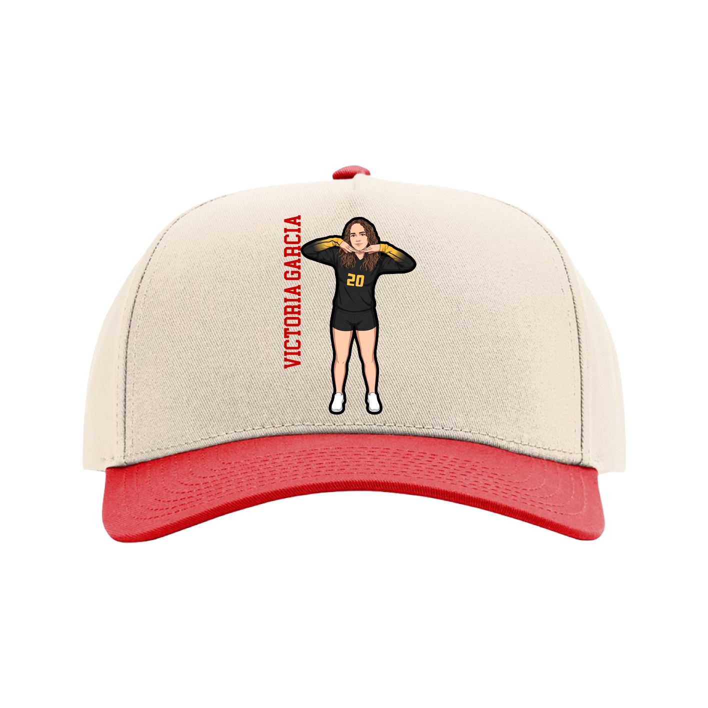 Full Fabric Five-Panel Champ Cap — Name Vertical in Cream/Red