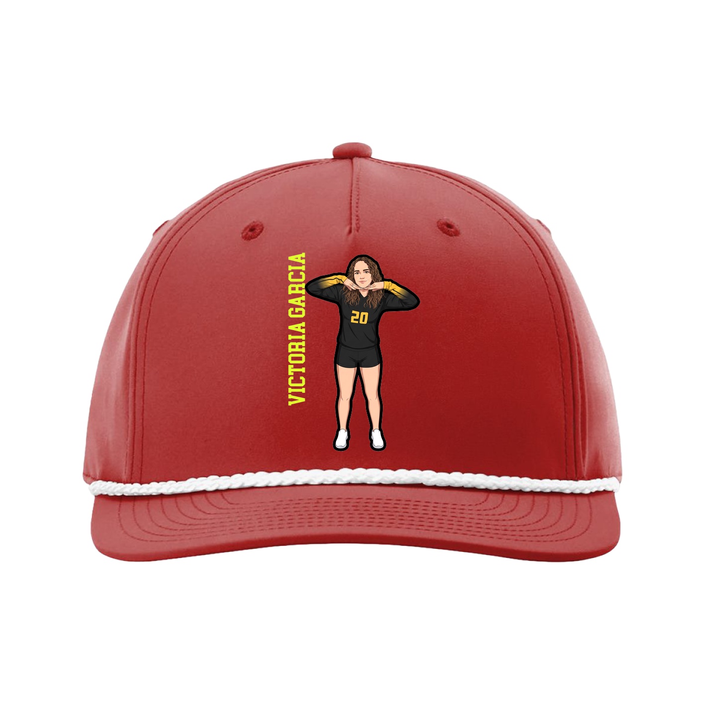 Five-Panel Classic Rope Cap — Name Vertical in Red