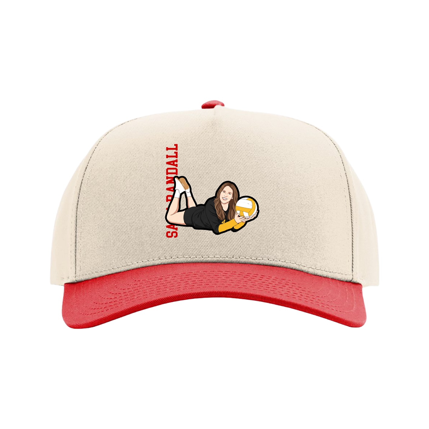 Full Fabric Five-Panel Champ Cap — Name Vertical in Cream/Red