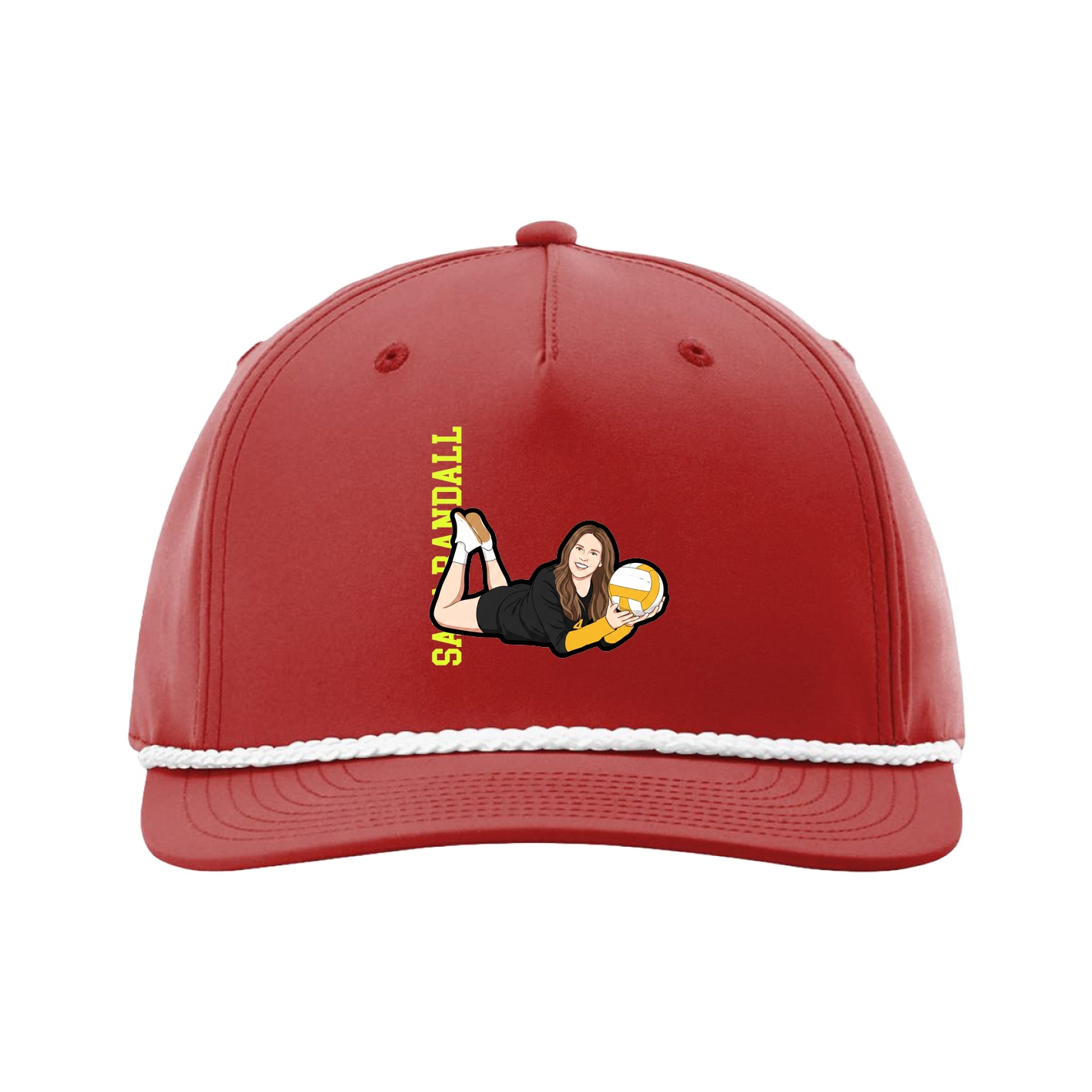 Five-Panel Classic Rope Cap — Name Vertical in Red