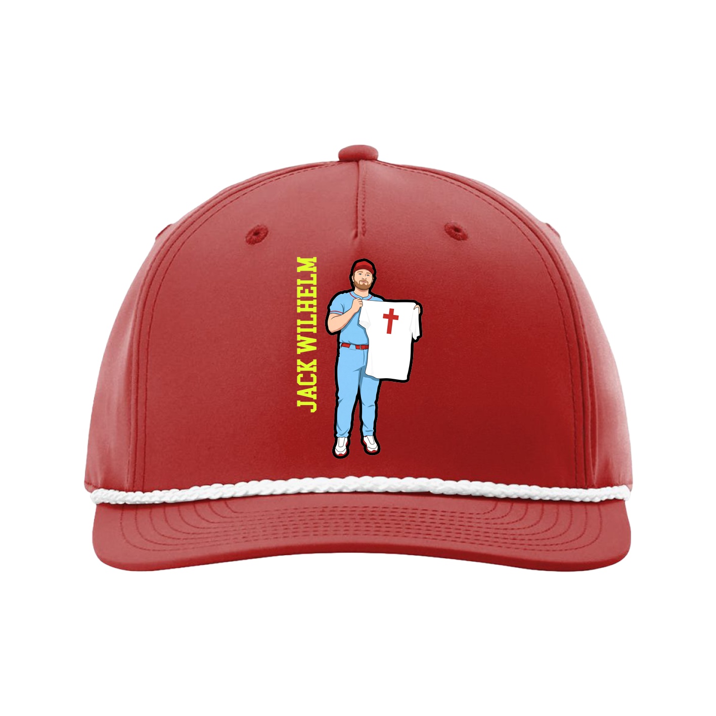 Five-Panel Classic Rope Cap — Name Vertical in Red