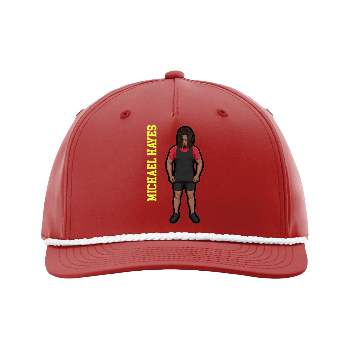 Five-Panel Classic Rope Cap — Name Vertical in Red