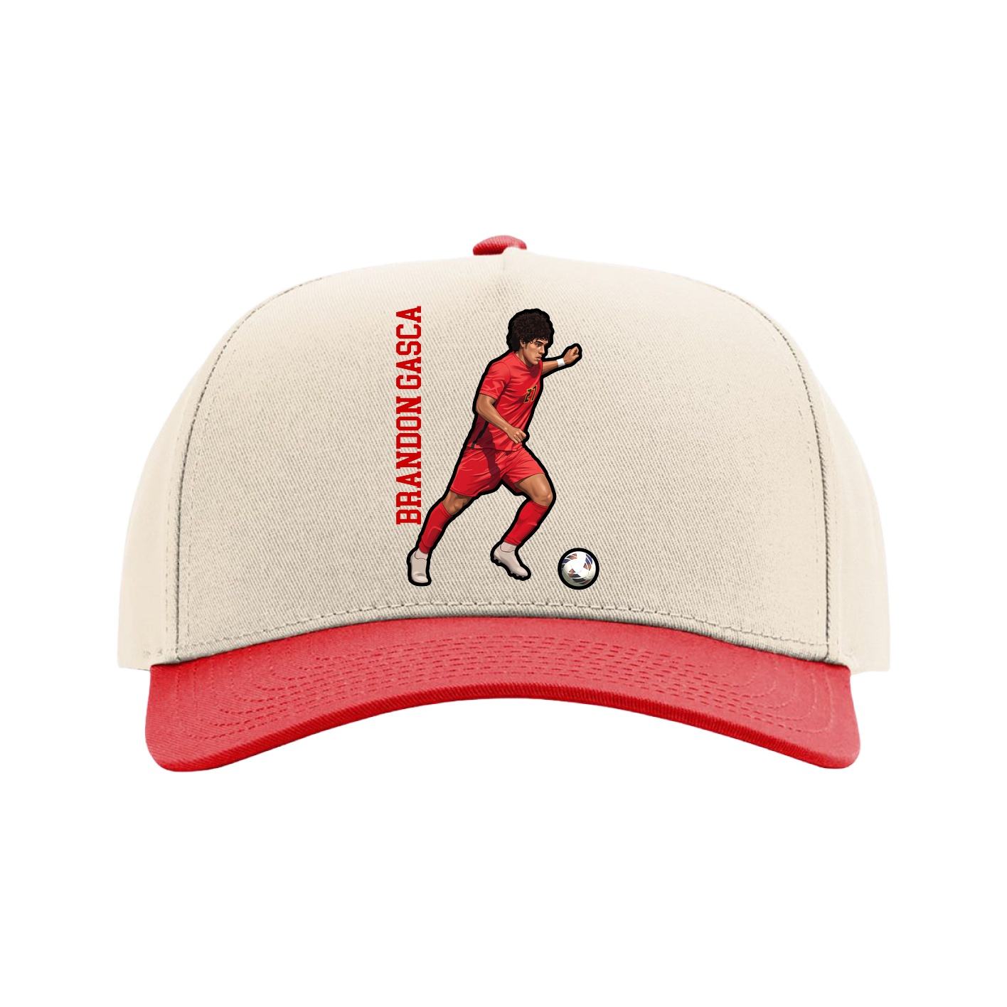Full Fabric Five-Panel Champ Cap — Name Vertical in Cream/Red