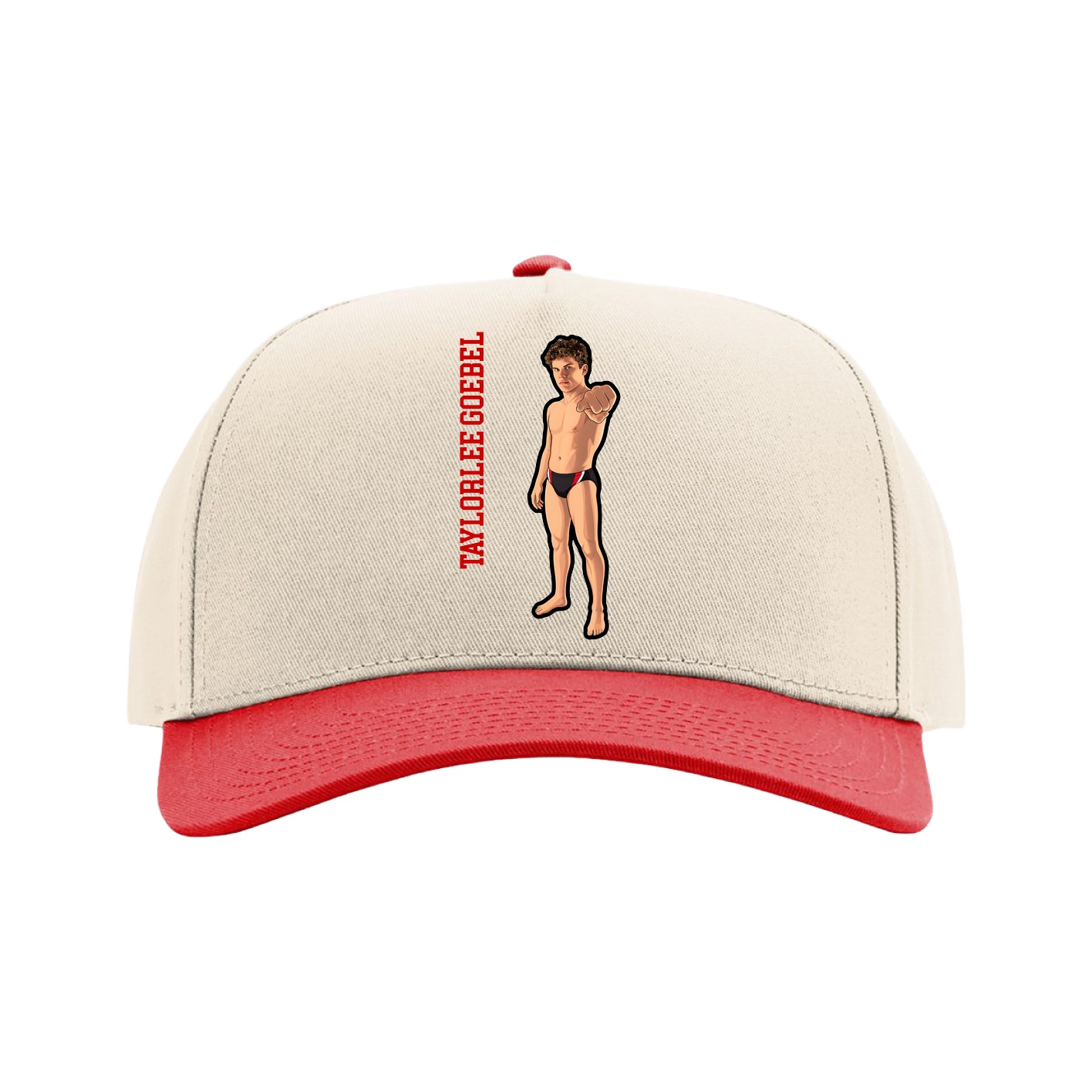 Full Fabric Five-Panel Champ Cap — Name Vertical in Cream/Red