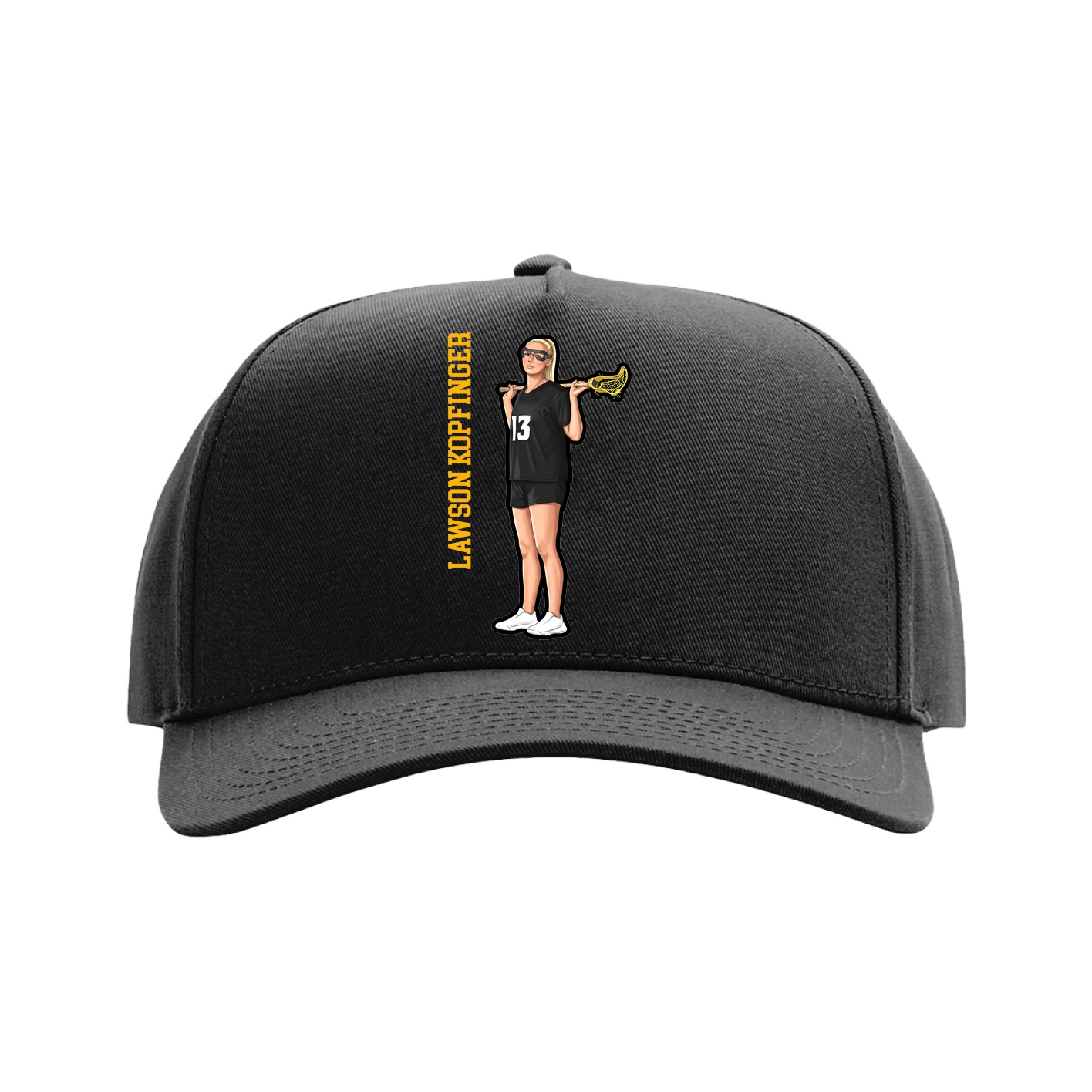 Full Fabric Five-Panel Champ Cap — Name Vertical in Black