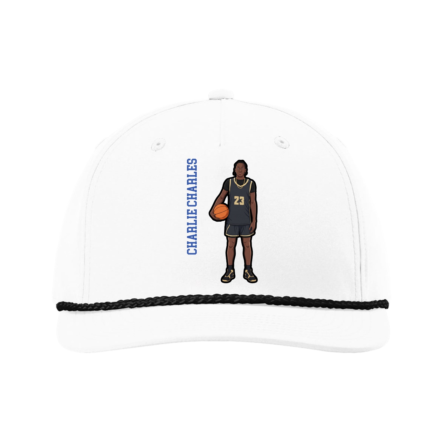 Five-Panel Classic Rope Cap — Name Vertical in White